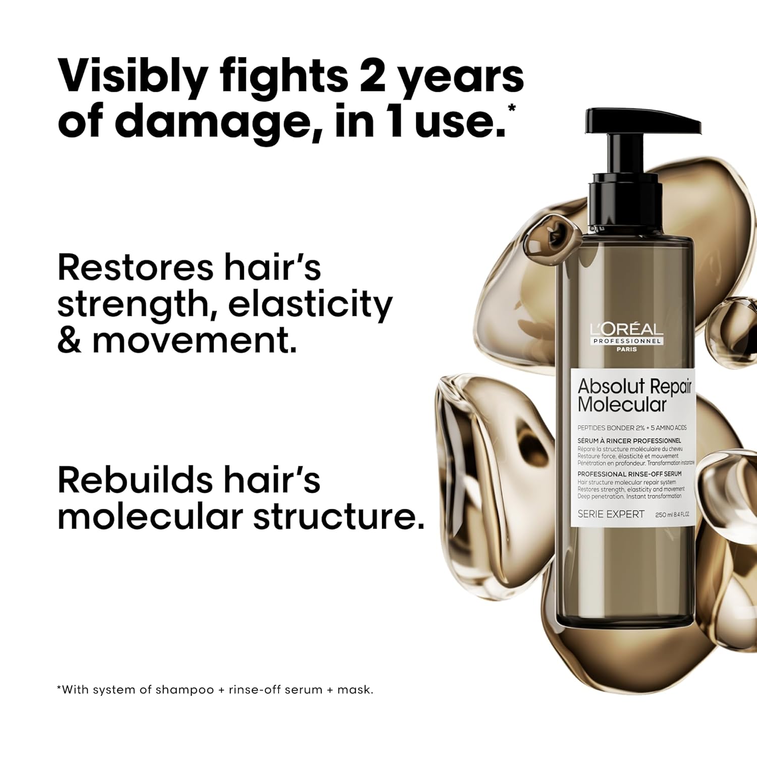 L'Oréal Professionnel Paris Absolut Repair Molecular Hair Care Set - Sulfate-Free Shampoo, Rinse-Off Serum & Leave-In Mask For Extremely Dry Damaged Hair, With Peptide Bonder & Amino Acids - Image 4
