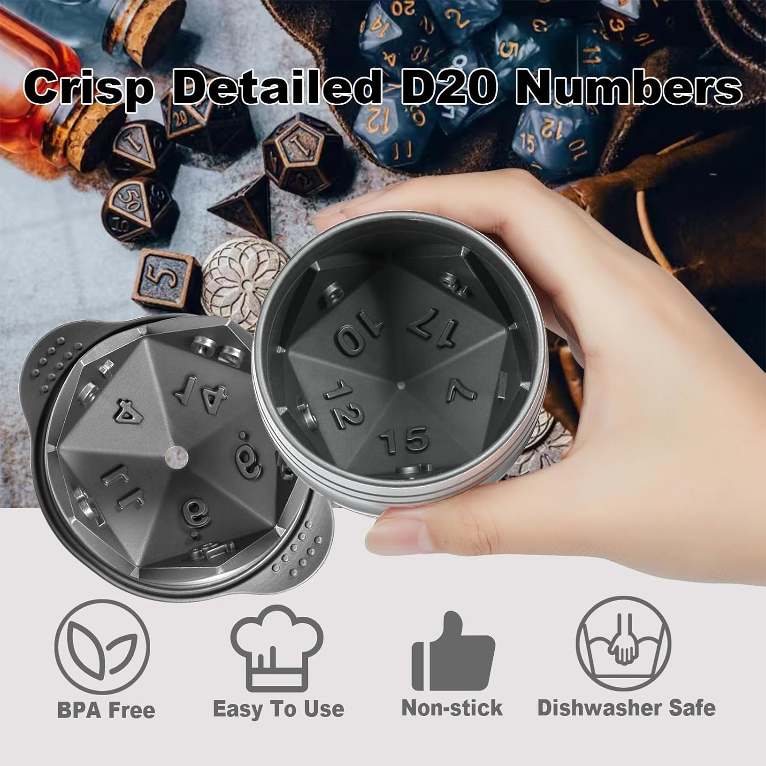 Nax Caki D20 Dice Ice Mold, DND Gamer Gifts for Men Women, Cool Christmas Stocking Stuffers Ideas for Adults TTRGP Lover, Large Silicone D&D Accessories Ice Cube Tray for Cocktails,Bourbon,Whiskey - Image 4