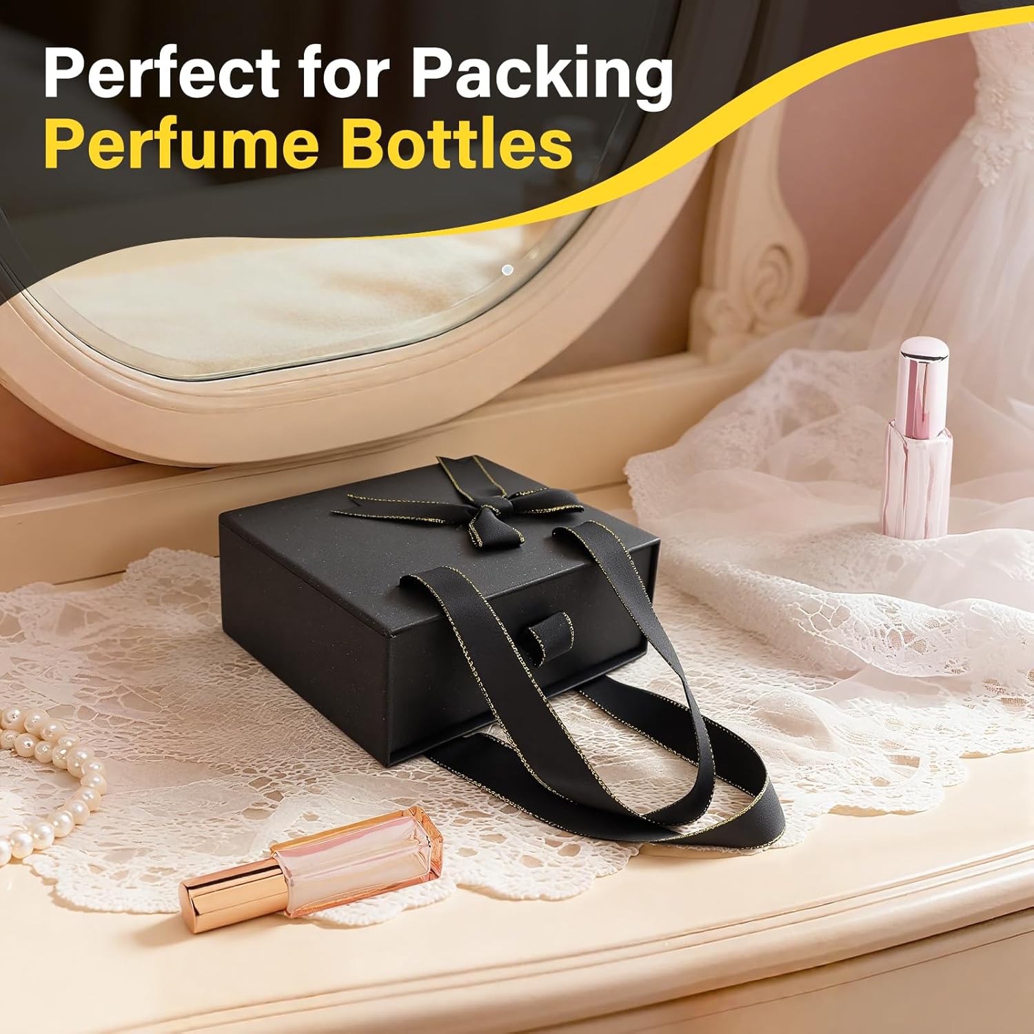 Segbeauty Drawer Black Gift Box Portable, Empty Gift Box for Presents for Women Men, Mini Decorative Package Storage Boxes with Ribbon for Travel Perfume Bottle Roller Bottles Cosmetic Containers - Image 5