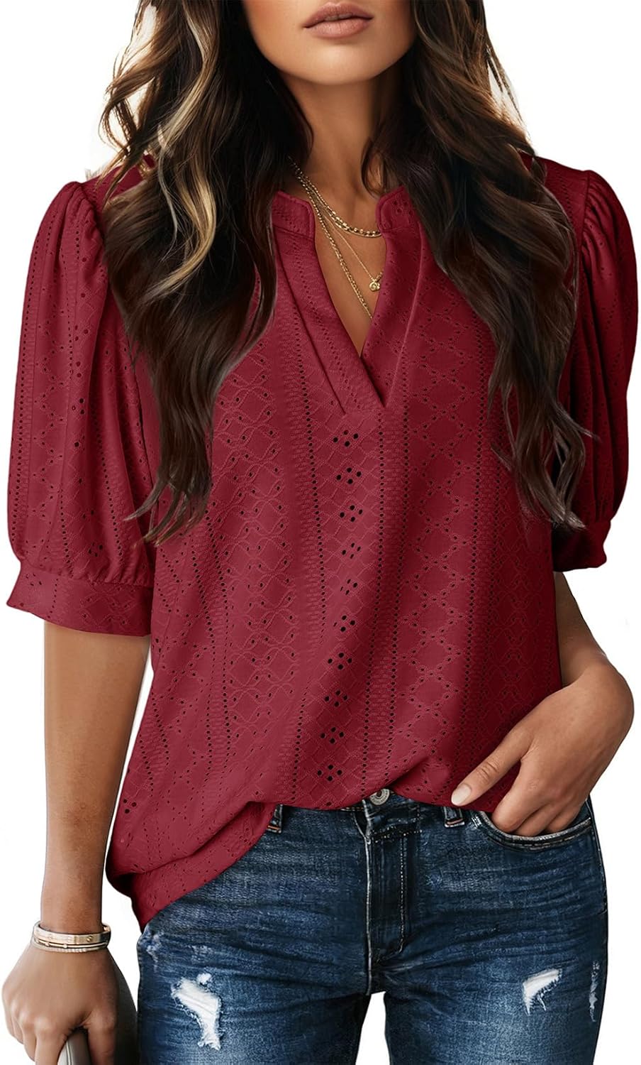 Dokotoo Womens Summer Business Casual Blouses V Neck Short Sleeve Shirts Hollow Out Cute Lace Tops