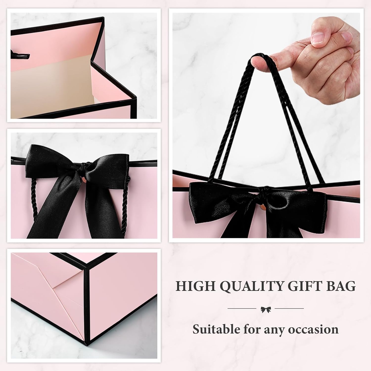 JMANNI Gift Bags with Handles, 1Pcs Paper Gift Bag with 2 Tissue Paper and 1 Greeting Cards, Present Bags for Women Mother's day Birthday Valentines Wedding Party Baby Shower (Black-Pink) - Image 6