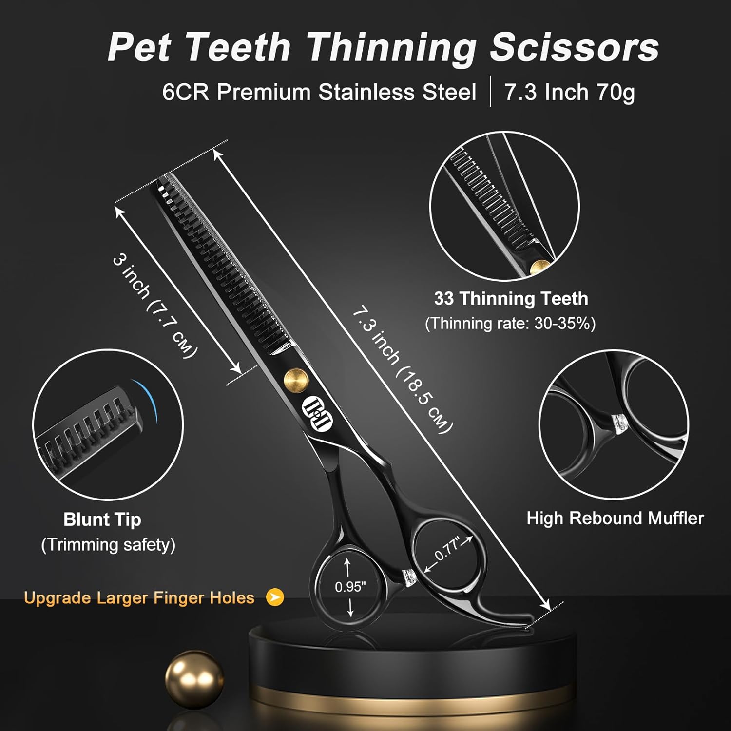 CIICII Dog Grooming Scissors Kit, 7 Inch Professional Pet Grooming Scissors Set with Safety Round Tip (Dogs/Cat Hair Cutting Trimming Thinning Shears with Curved Scissors) for DIY Home Salon (Black) - Image 4