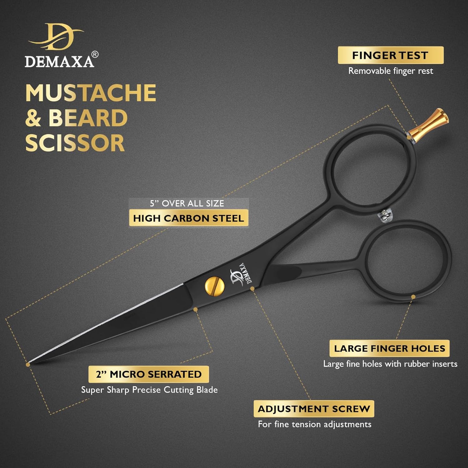 DEMAXA 5" Professional Beard Scissors for men Mustache Scissors with 1 Mustache Comb, 1 Beard Comb & Soft Pouch – Prefect Beard shears mustache kit for All Facial Hair – moustache Grooming kit for Men - Image 3