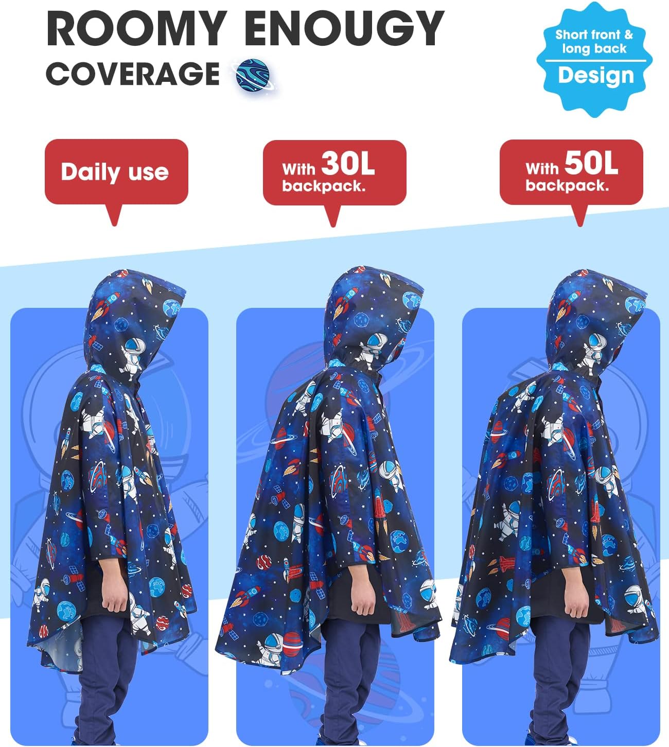 WAWSAM Lightweight Rain Poncho Kids, Ponchos for Kids Waterproof Reusable Hooded, Kids Poncho Rain Jacket for Boys and Girls - Image 3