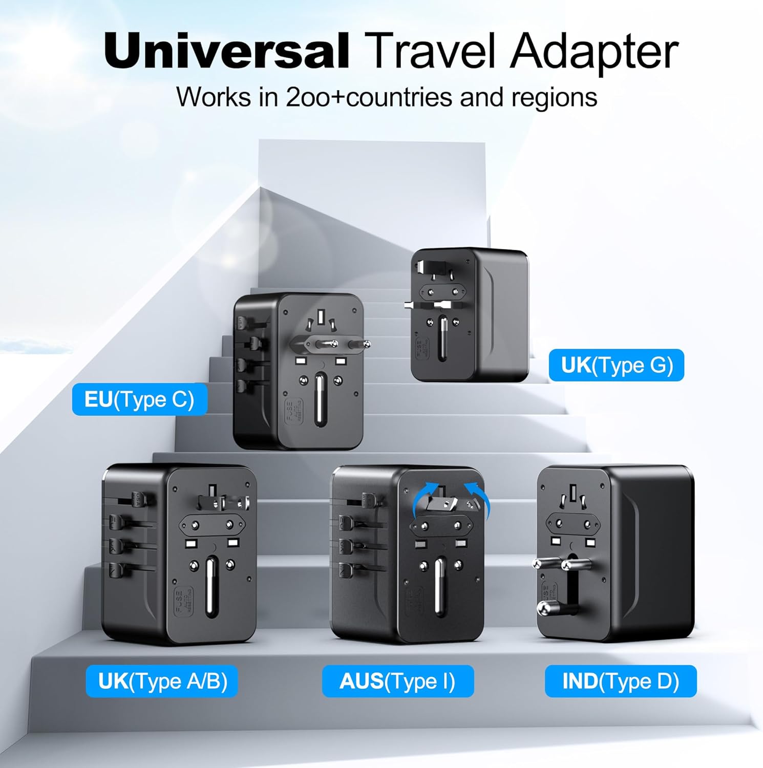 VYLEE Universal Travel Adapter, 2 USB-C & 2 USB-A Worldwide Plug Adapter with 1 Universal AC Outlet, Type A D I G C International Plug Adapter for US, India, Europe, UK, Maldives, Sri Lanka(Black) - Image 2