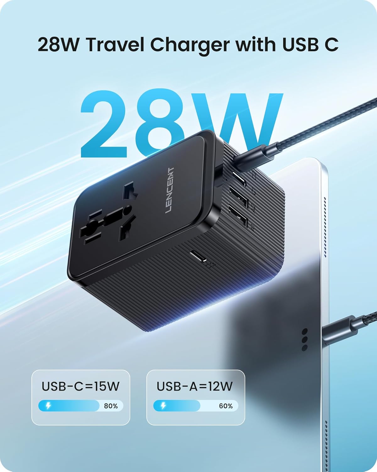 LENCENT 28W Universal Travel Adapter Kit, International Adaptor with 3 USB C 2 USB A, Worldwide Charger for Europe UK Maldives Sri Lanka India Nepal Ghana Zimbabwe Tanzania Nigeria (Type D/G/C/I/A) - Image 5