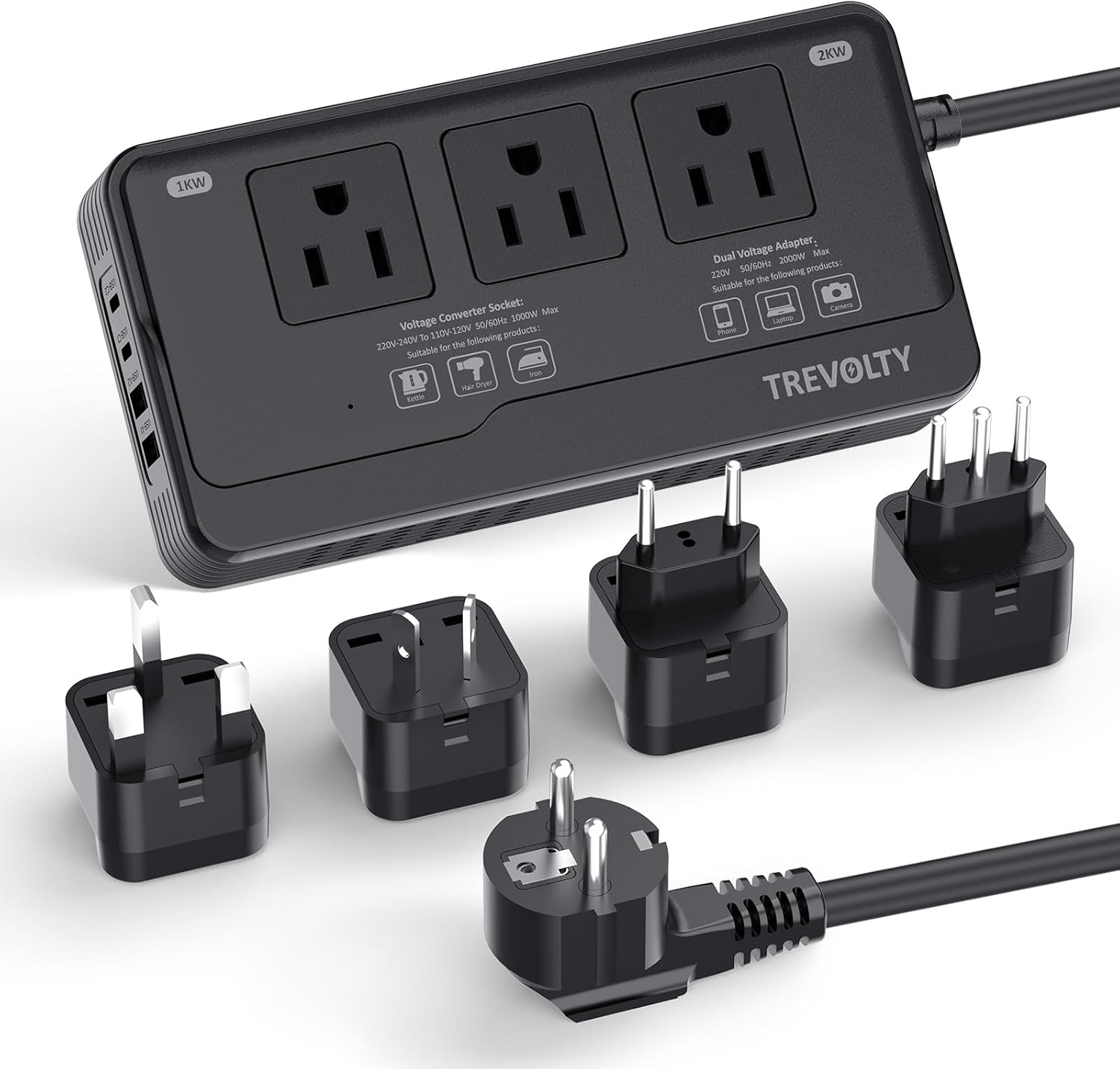 2000W Voltage Converter US to Europe for Hair Dryers, 7-in-1 220V to 110V Converter for European Travel with 3 AC/2 USBA/2 USBC Ports, Universal Power Converter Adapter Combo with EU/UK/IT/AU (Black)