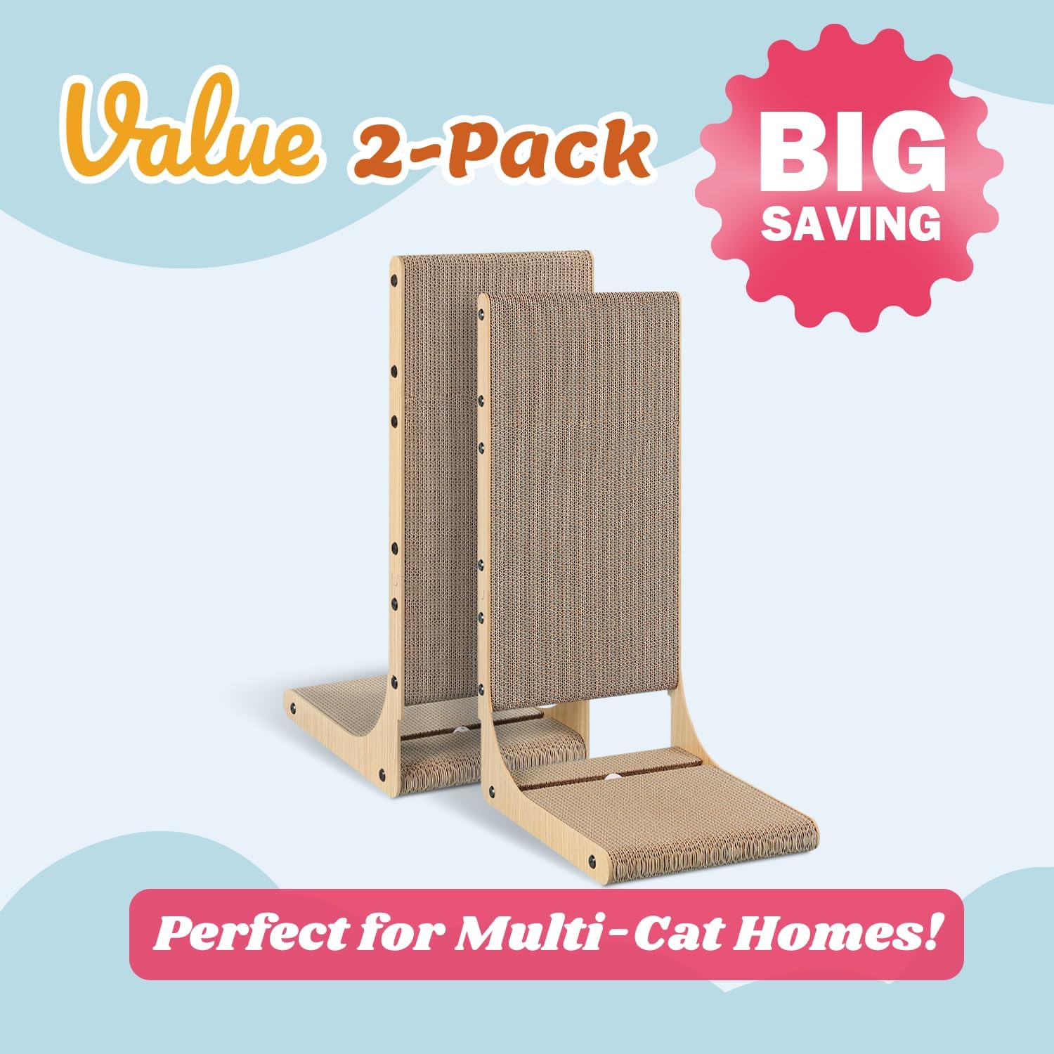 Zakkart 2-Pack Cat Scratching Board, 25.6'' Tall Cardboard L Shape Vertical Cat Scratchers for Indoor Cats, Cat Scratching Post for Wall and Couch, Large - Image 2