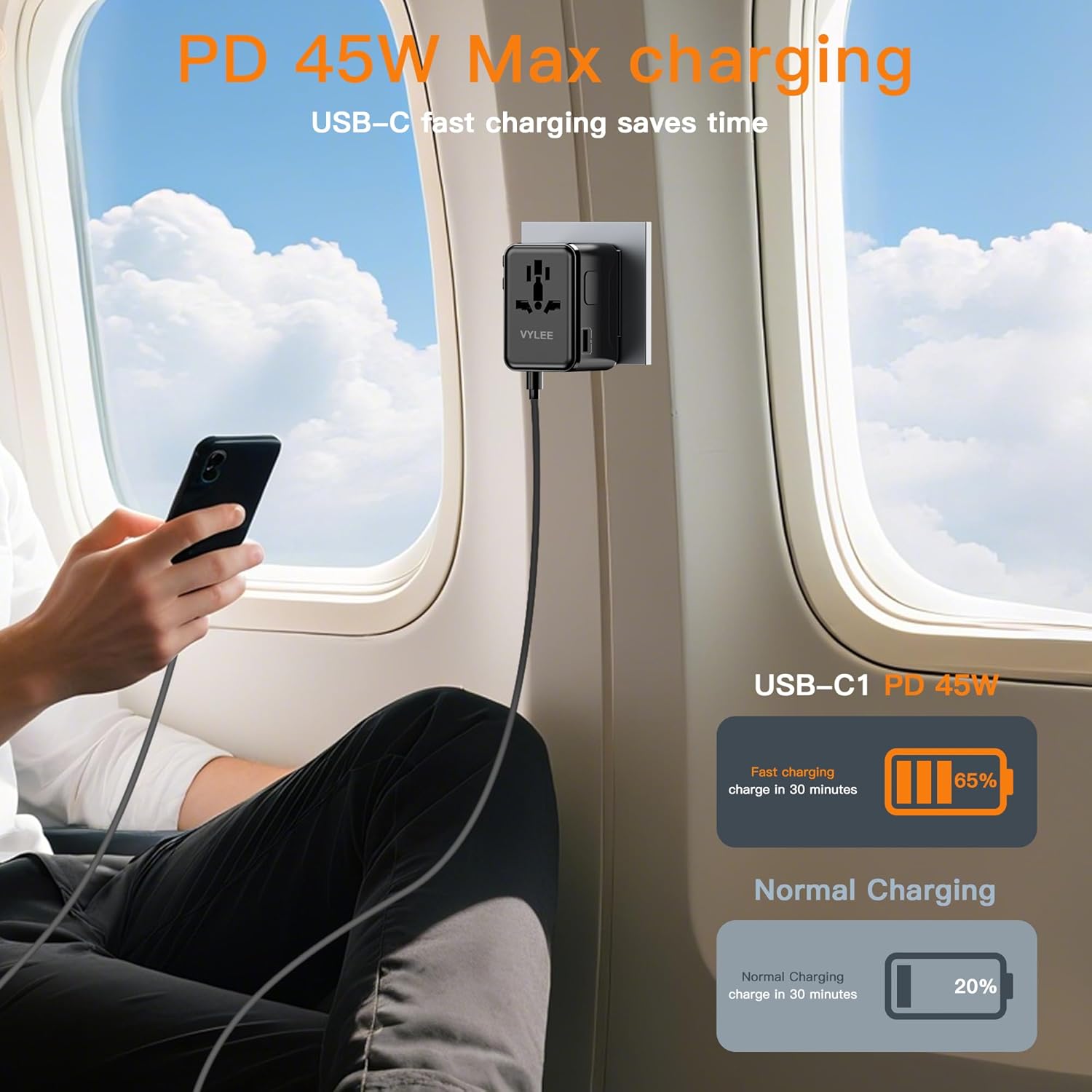 VYLEE Universal Travel Adapter, PD45W GaN International Power Adapter with 3 USB C and 1 USB A Charging Ports, All in One Power Outlet, Worldwide Plug Adapter for US to European UK AUS Ireland - Image 3