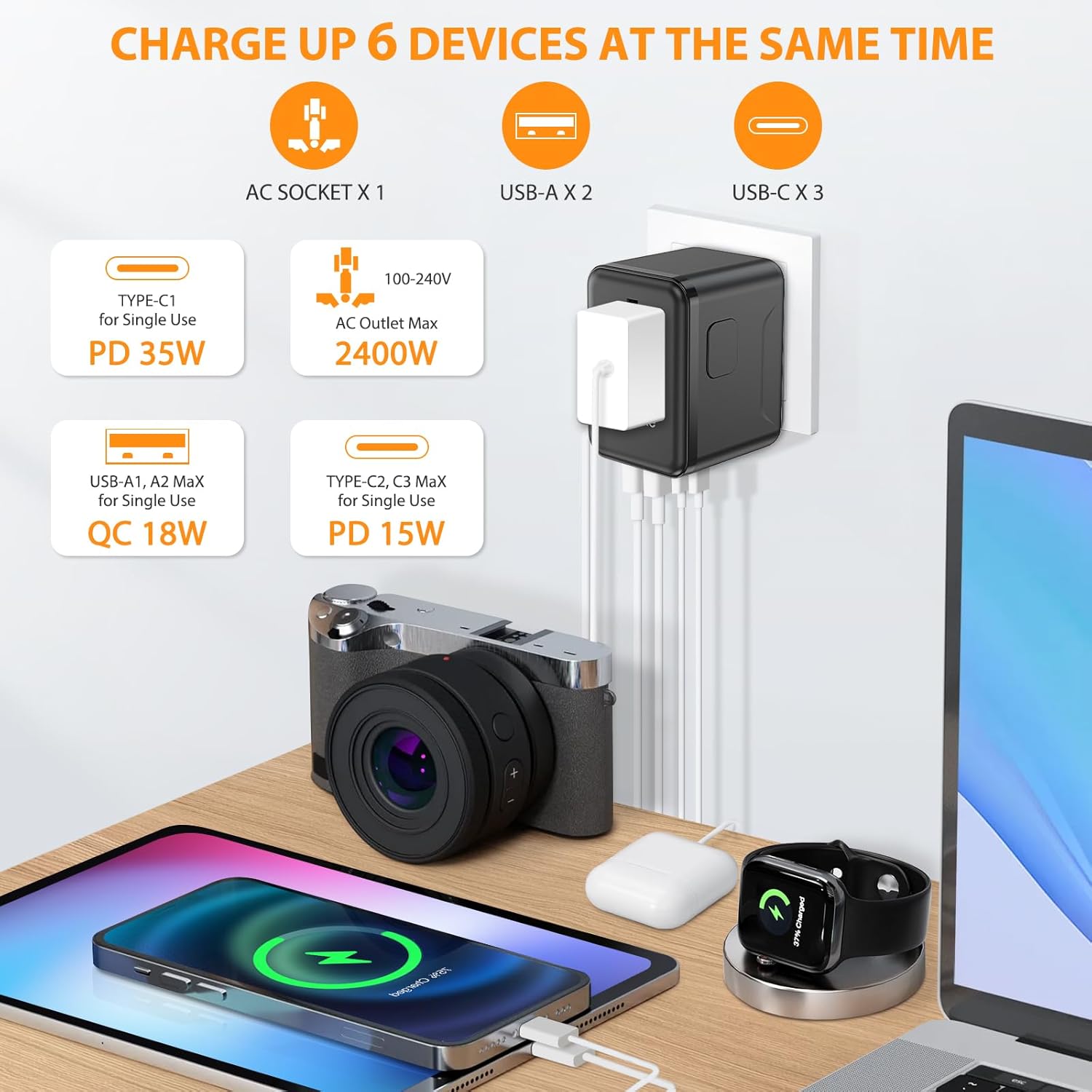 Universal Travel Adapter, International Power Adapter with 35W PD & QC Fast Charging, Travel Plug Adaptor Worldwide with 3 USB-C & 2 USB-A for USA to Europe UK France Germany Australia(Type C/G/A/I) - Image 3