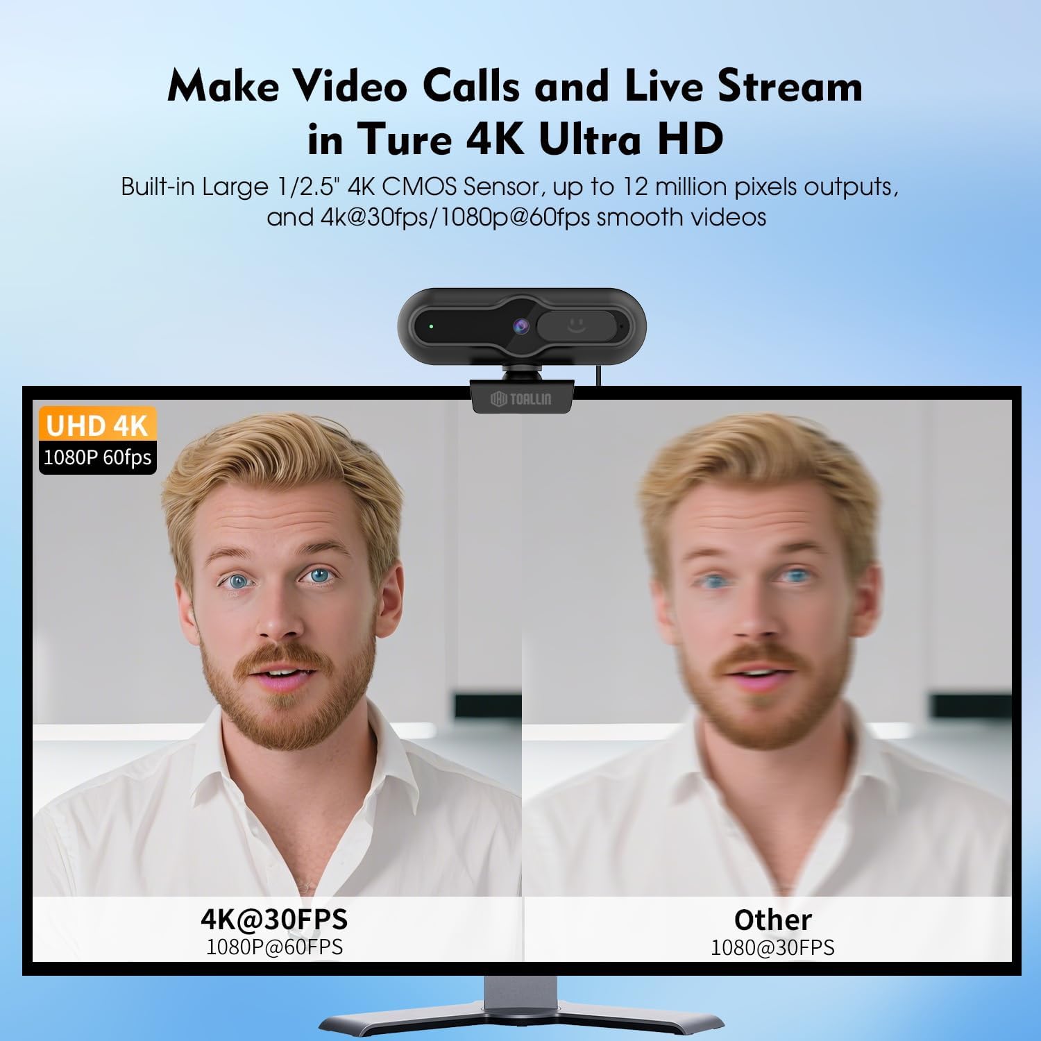 TOALLIN 4K Webcam for PC, Built-in Mic, 1080P@60FPS, PDAF Autofocus, 1/2.5" Sensor & 12MP, Sliding Privacy Cover, USB Web Camera for Streaming, Gaming, Conferencing and Video Calls - Image 2
