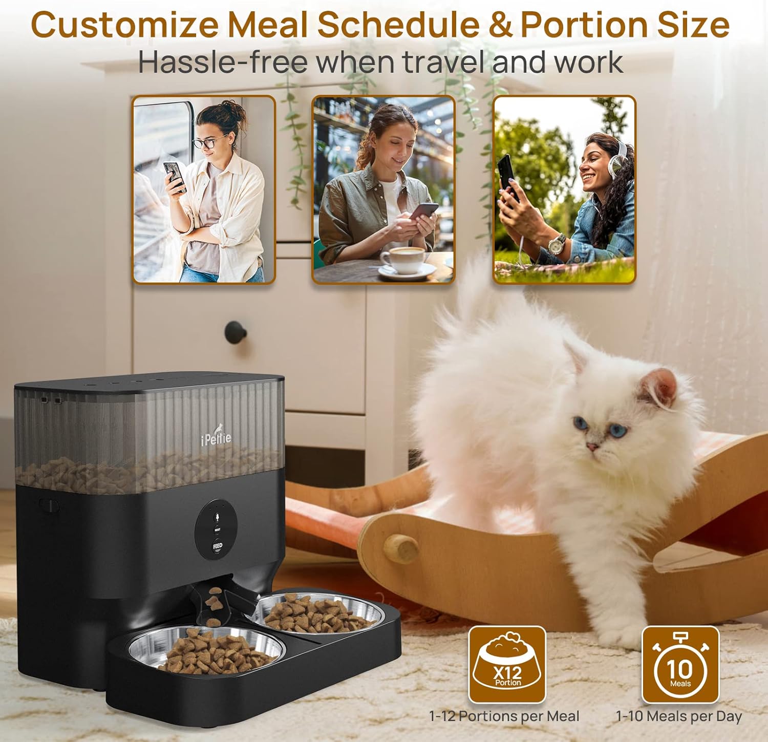 iPettie Automatic WiFi Pet Feeder for 2 Pets, 5L Capacity, 1-10 Meals Per Day, Adjustable Bowl Height, Smart Dog Cat Feeder with 2 Stainless Steel Bowls, 2.4G WiFi App Control for Cats and Small Dogs - Image 3
