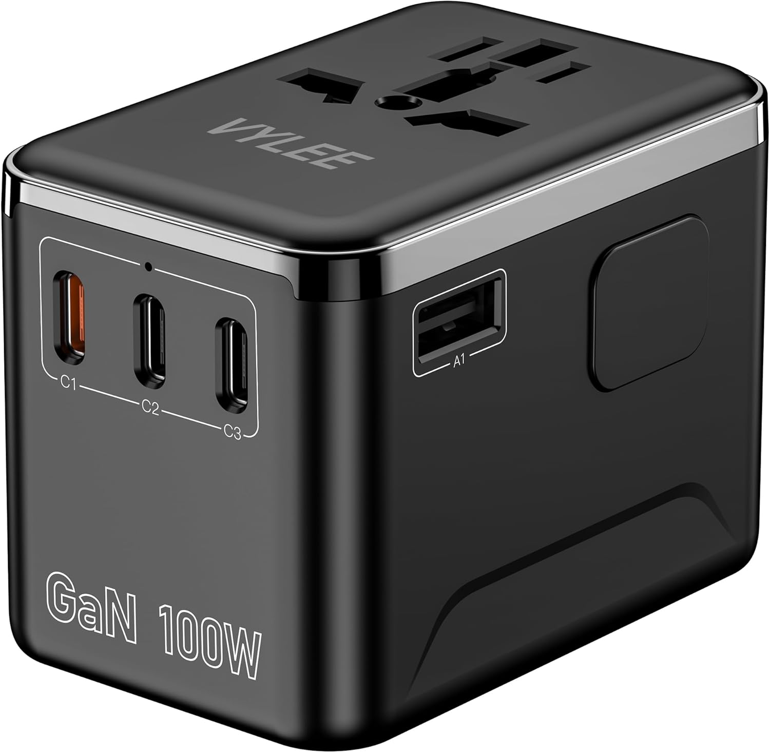 VYLEE Universal Travel Adapter, PD100W GaN International Power Adapter with 3 USB C and 1 USB A Charging Ports, All in One Power Outlet, Worldwide Plug Adapter for US to European UK AUS Ireland(Black)