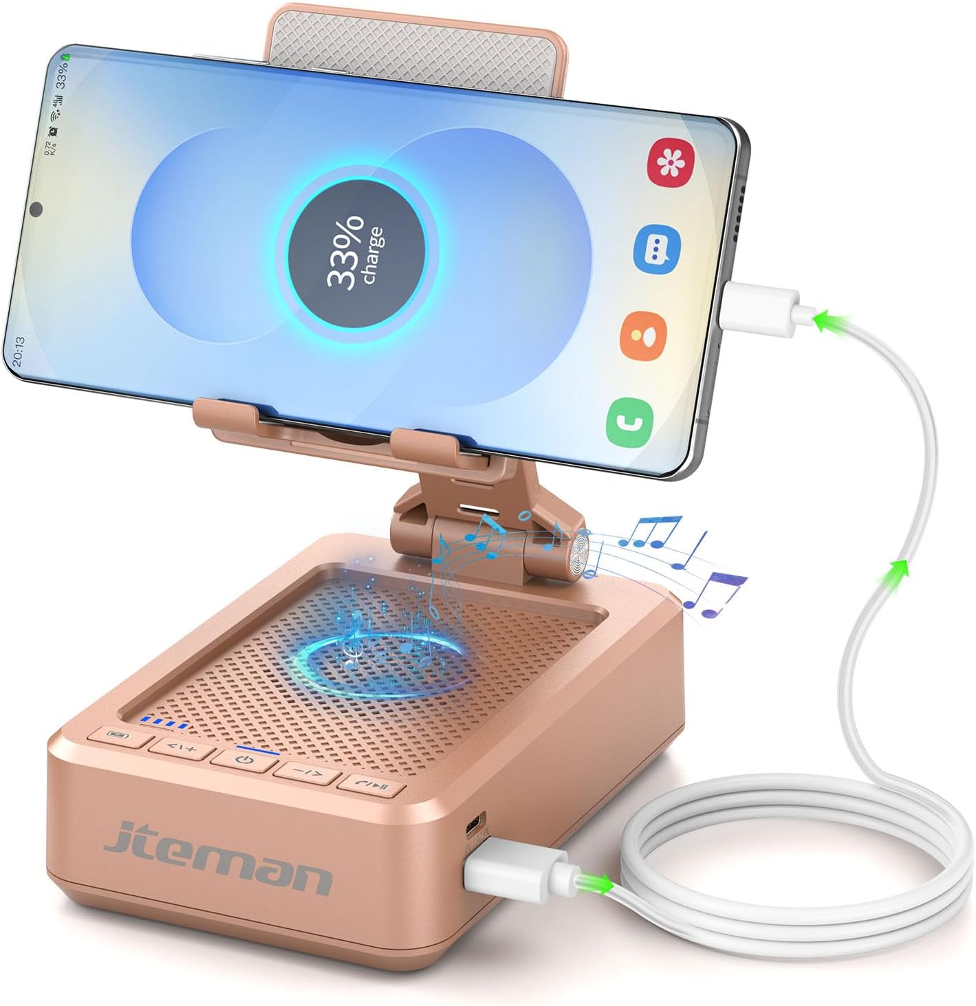 JTEMAN Cell Phone Stand with Bluetooth Speaker,HD Sound Adjustable Phone Holder,Birthday Gifts for Men Women, Cool Tech Kitchen Gadgets for Most Phones and Tablets-Rose Gold