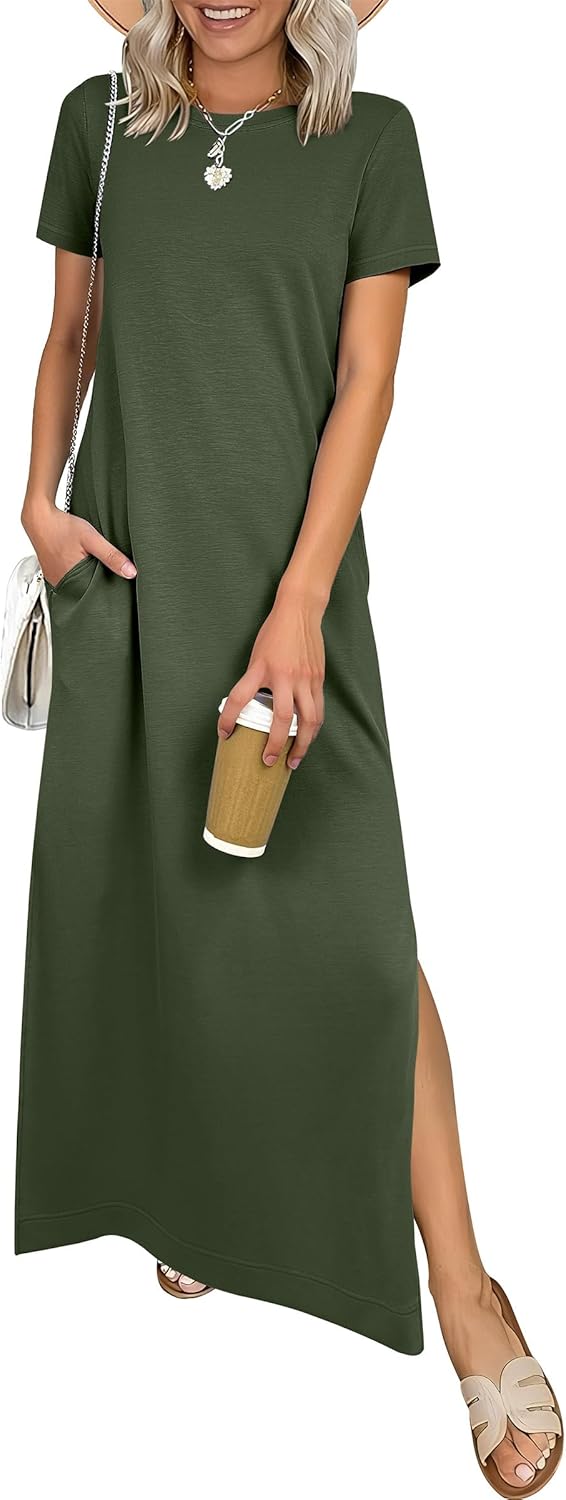 ANRABESS Womens Summer Casual Maxi Dress Short Sleeve Crewneck Split Wrinkle-Free Travel Long Sundress Beach Vacation Clothes