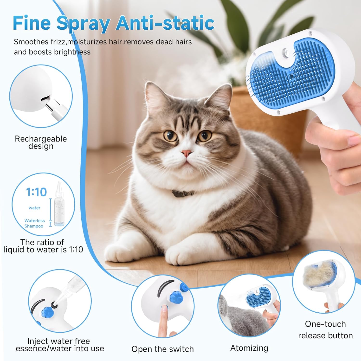 Pet Steam Brush for Dog & Cat - 3-in-1 Steam Grooming Brush for Shedding & Hair Removal - Self Cleaning Spray Comb with Mist for Long Haired Pets - Includes 1*Waterless Shampoo, Blue. - Image 7