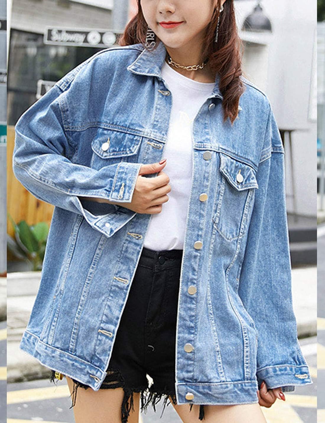 Omoone Women's Oversized Mid Long Denim Jacket Jean Biker Coat - Image 6