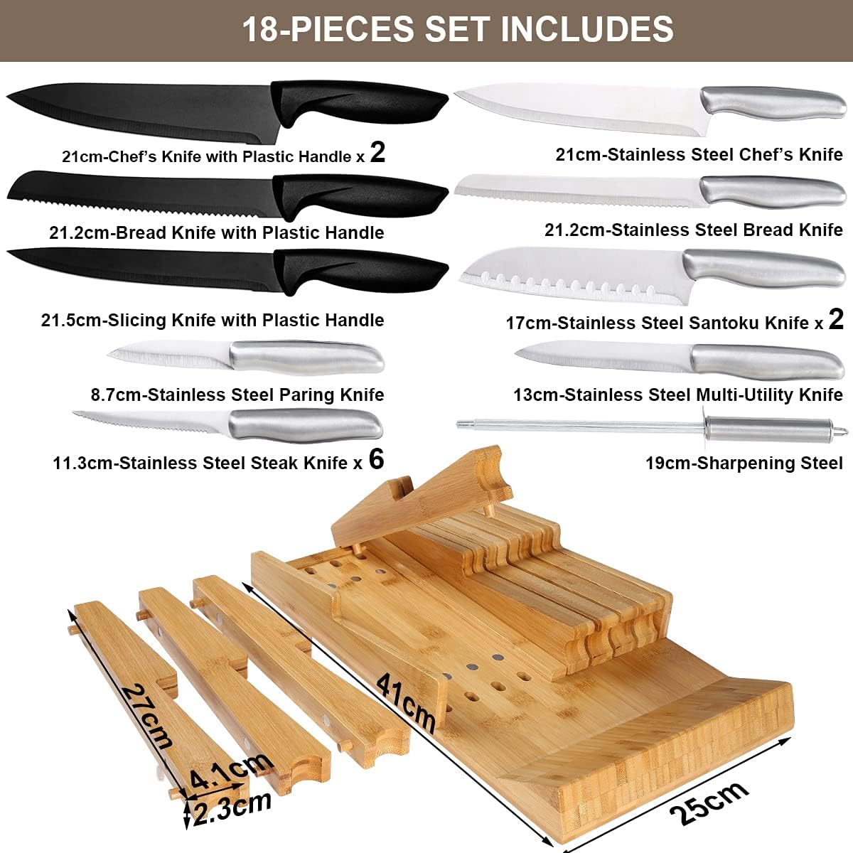 NIUXX Bamboo In-Drawer Knife Block Set for 16 Knives(Not Included), Large Kitchen Detachable Washable Cutlery Slot Organizer Storage Holder for Sharpening Steel and Cutter - Image 7