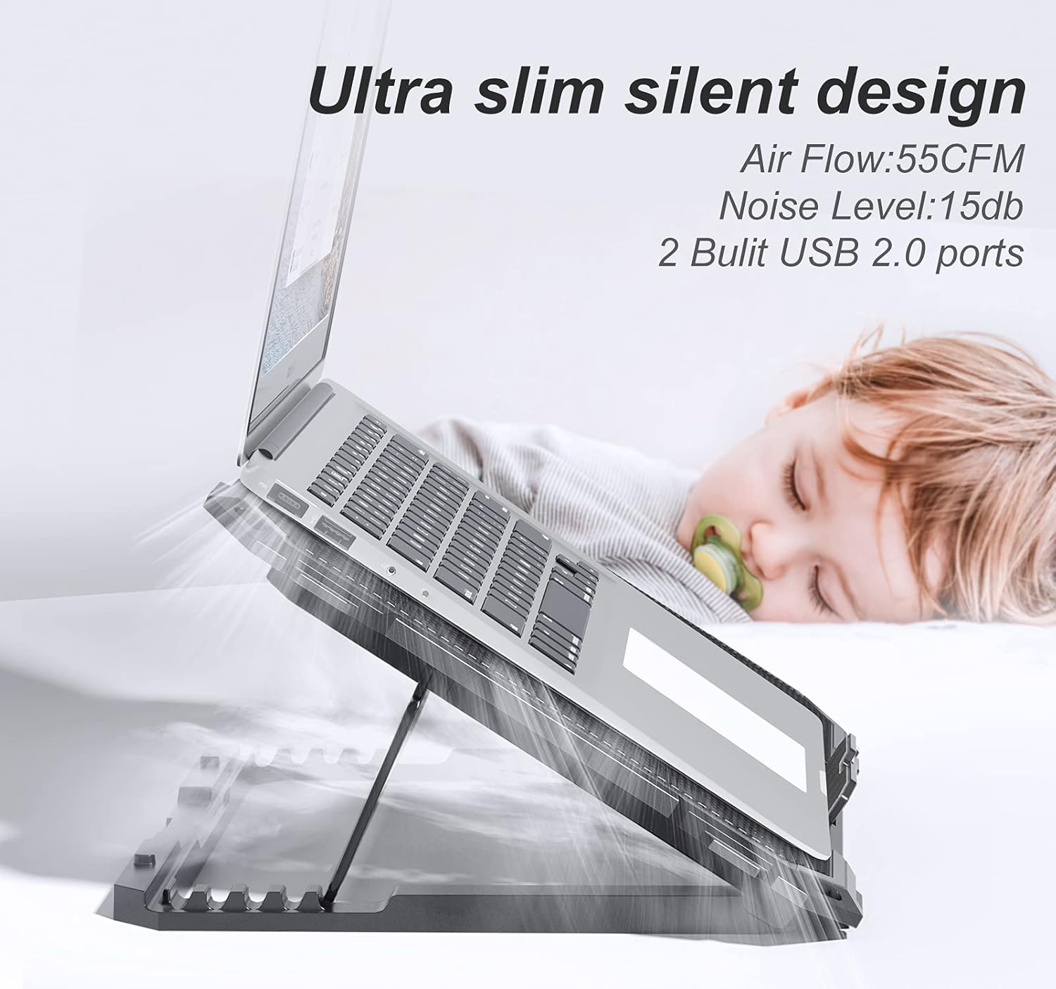 KYOLLY Upgrade Laptop Cooling Pad,Gaming Laptop Cooler with 5 Quiet Fans,2 USB Ports,5 Adjustable Stand Height,Blue LED Lights,for 15.6 Inch Laptops - Image 4