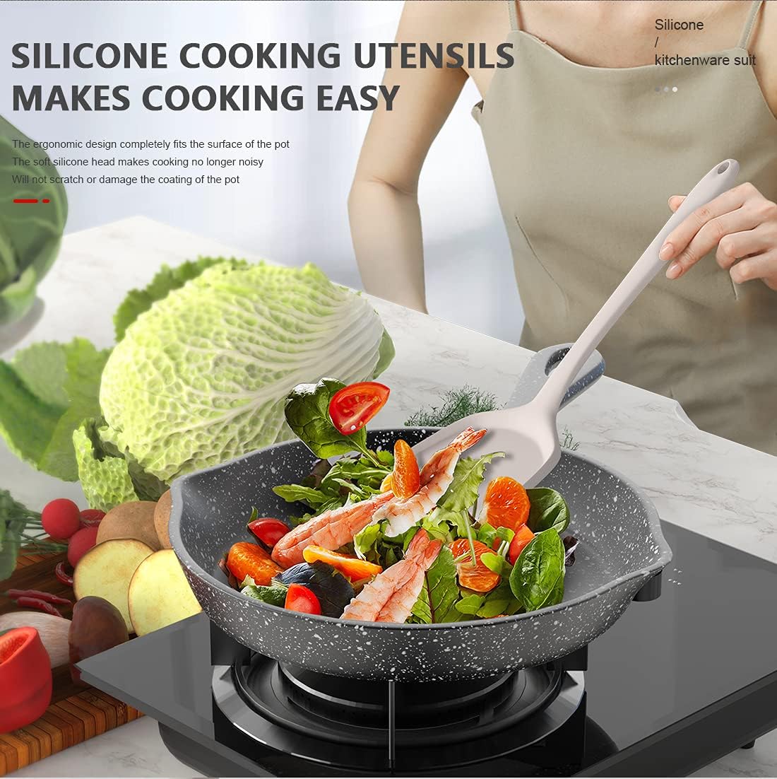 AOTHOD Silicone Cooking Utensils Set - 446°F Heat Resistant Kitchen Utensils,Turner Tongs,Spatula,Spoon,Brush,Whisk,Kitchen Utensil Gadgets Tools Set for Nonstick Cookware,Dishwasher Safe (BPA Free) - Image 7