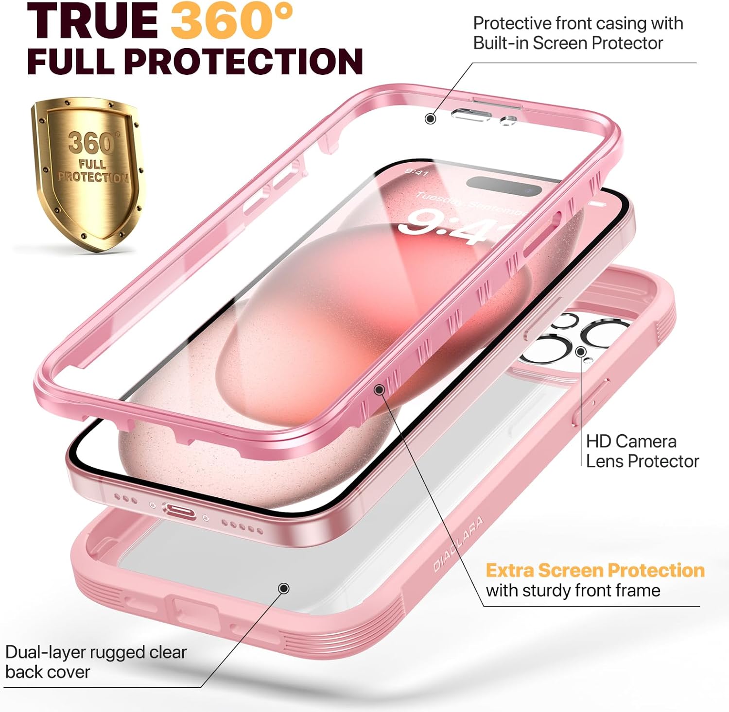 Diaclara Designed for iPhone 15 Case, Full Body Rugged Case with Built-in Touch Sensitive Anti-Scratch Screen Protector, with Camera Lens Protector for iPhone 15 6.1" (Coral Pink) - Image 3