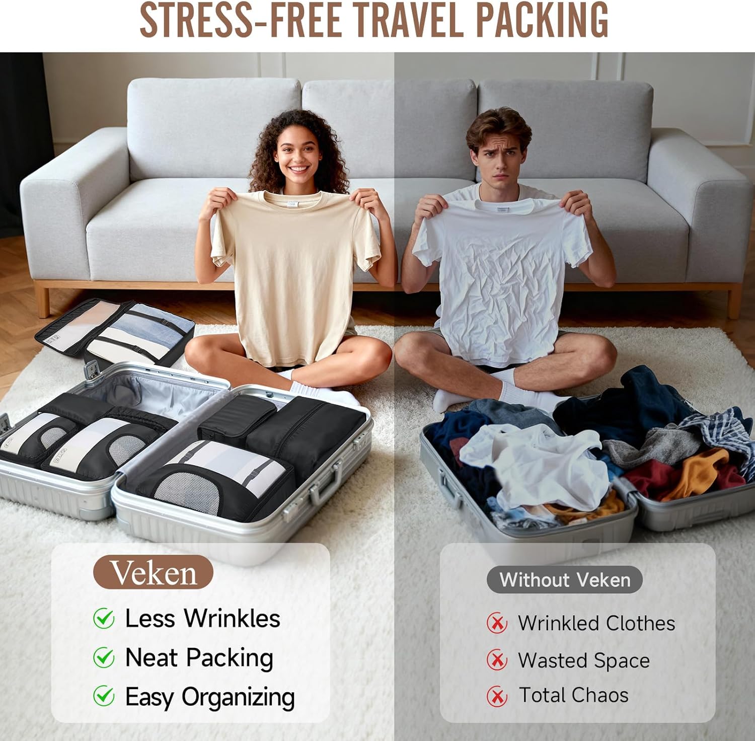 Veken 10 Set/8 Set Packing Cubes for Travel Essentials, Suitcase Organizer Bags in 4 Sizes, Carry-On Luggage Accessories with Laundry & Toiletry Bag, Airplane Must-Have, Road Trip & Camp Gifts for Men - Image 7