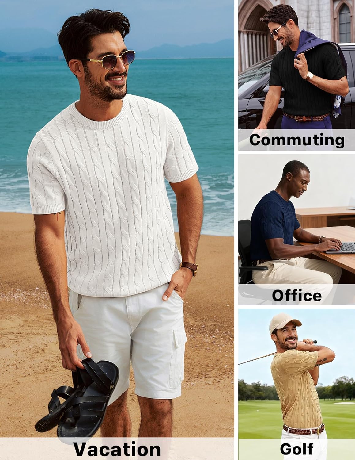 PJ PAUL JONES Men's T-Shirts Cable Knit Short Sleeve Tshirt Casual Textured Shirt Crewneck Tee Shirts - Image 4
