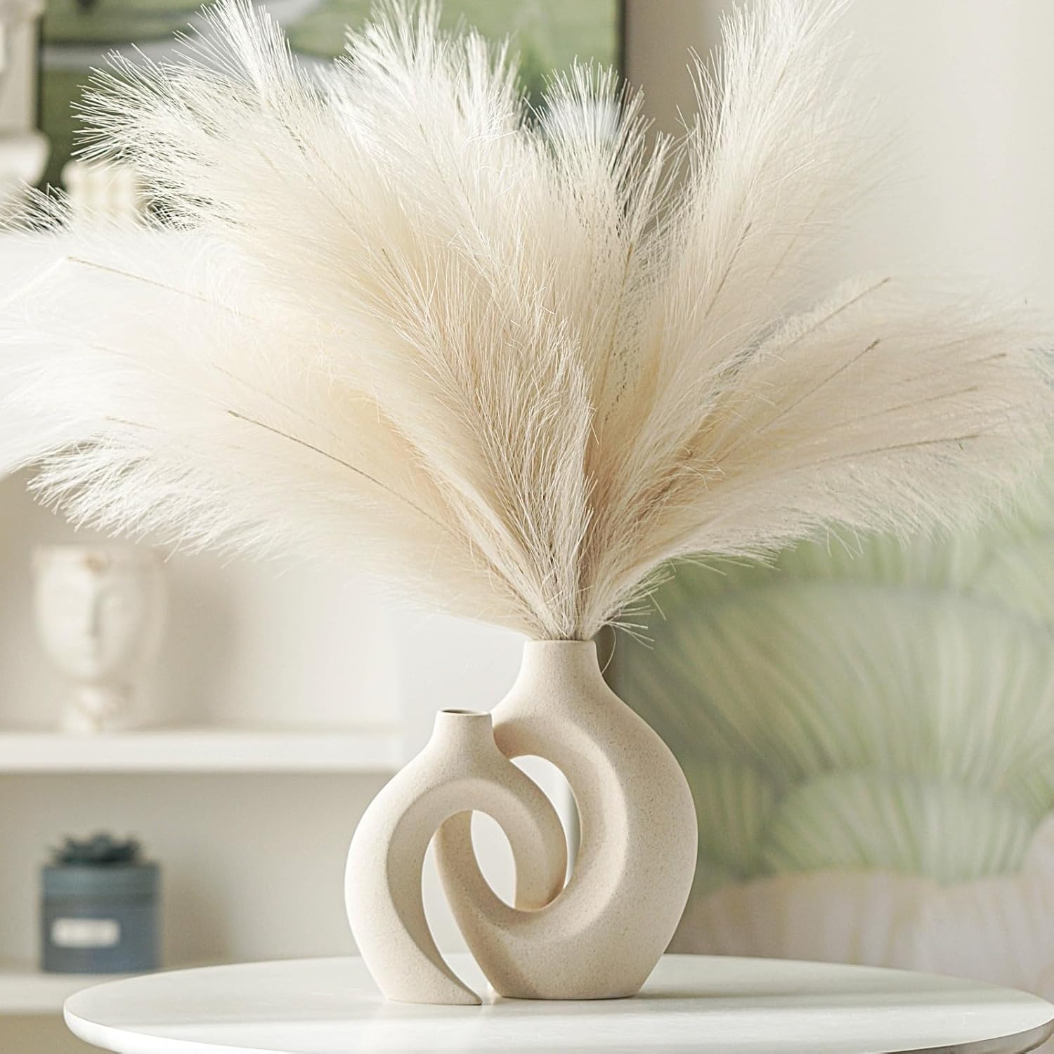 Lvases Snuggle Hollow Ceramic Vase Set of 2, Nordic Modern Boho ins Style Decorative Ceramic Aesthetic Flower Vase for Home Decor (Milky White W 6.3" X H 8.4") - Image 4
