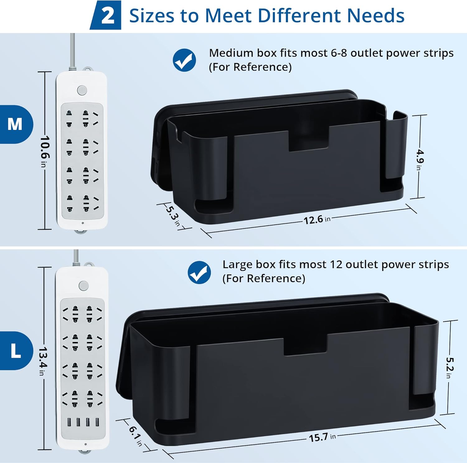 ZhiYo Cable Management Box Black, 2Pack Cord Organizer Box - Extra Large and Medium Size, Cord Hider Box to Conceal Power Strips on Desk or Floor, Made from Electrically Safe ABS Material - Image 2