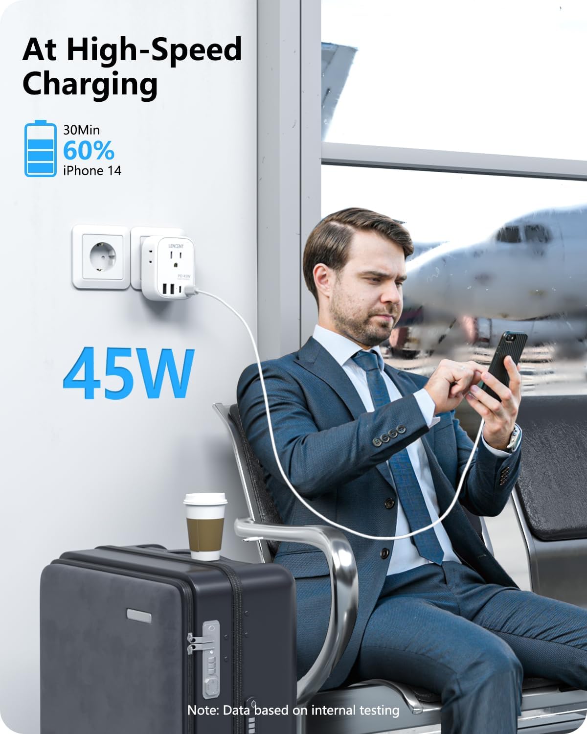 LENCENT European Travel Plug Adapter, PD 45W Type C Foldable Power Plug with 4 Outlets 4 USB Ports, USB Fast Charger Adaptor, Power Adaptor for US to Most of Europe EU Spain Italy France Germany - Image 3