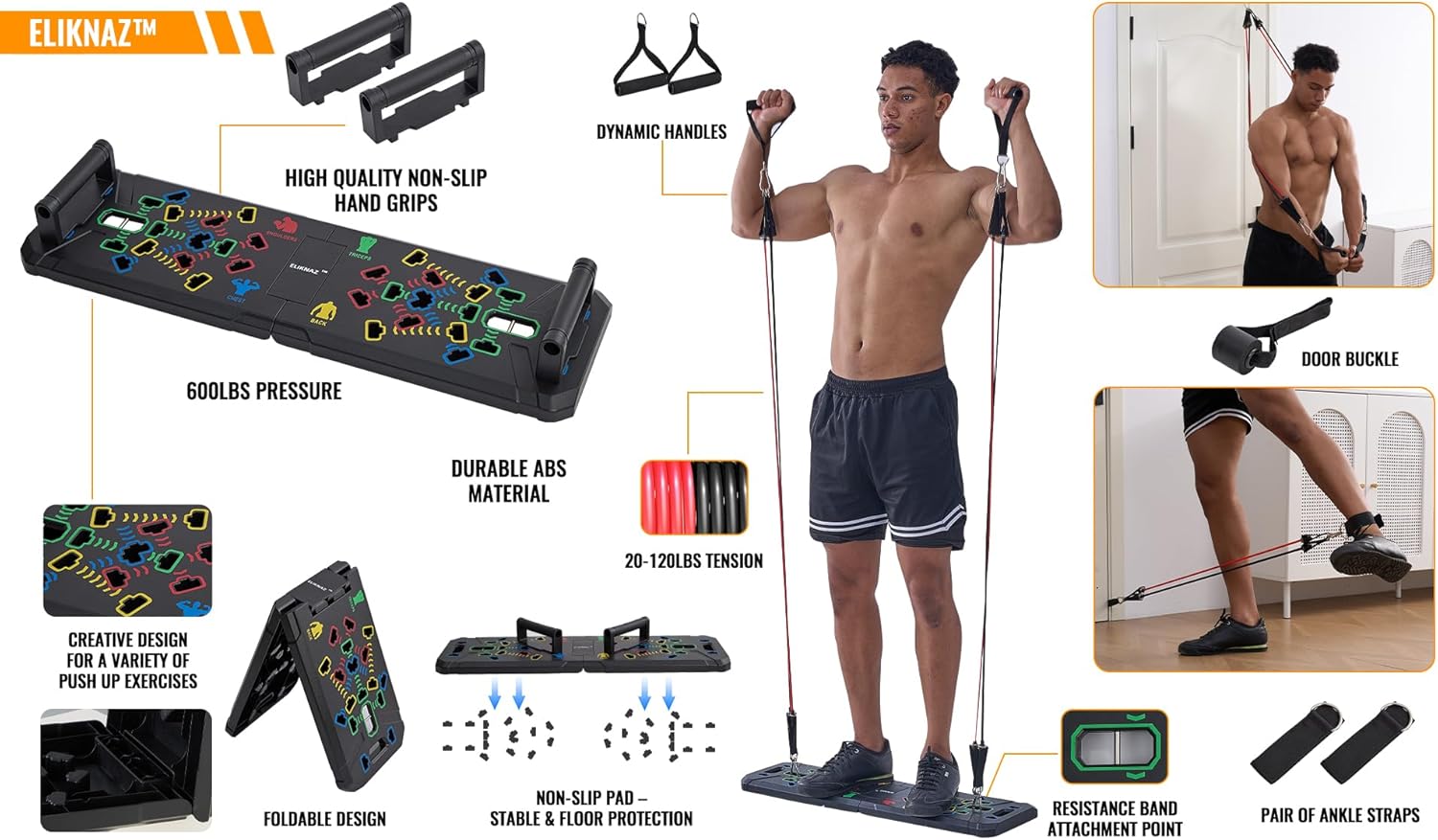 Portable Push Up Board Gym Kit 25-in-1, Foldable Push Up Station & Exercise Board Workout Set with 18 Accessories, Resistance Bands & Handles, Ankle Straps for Men, Women & Teens - Image 11