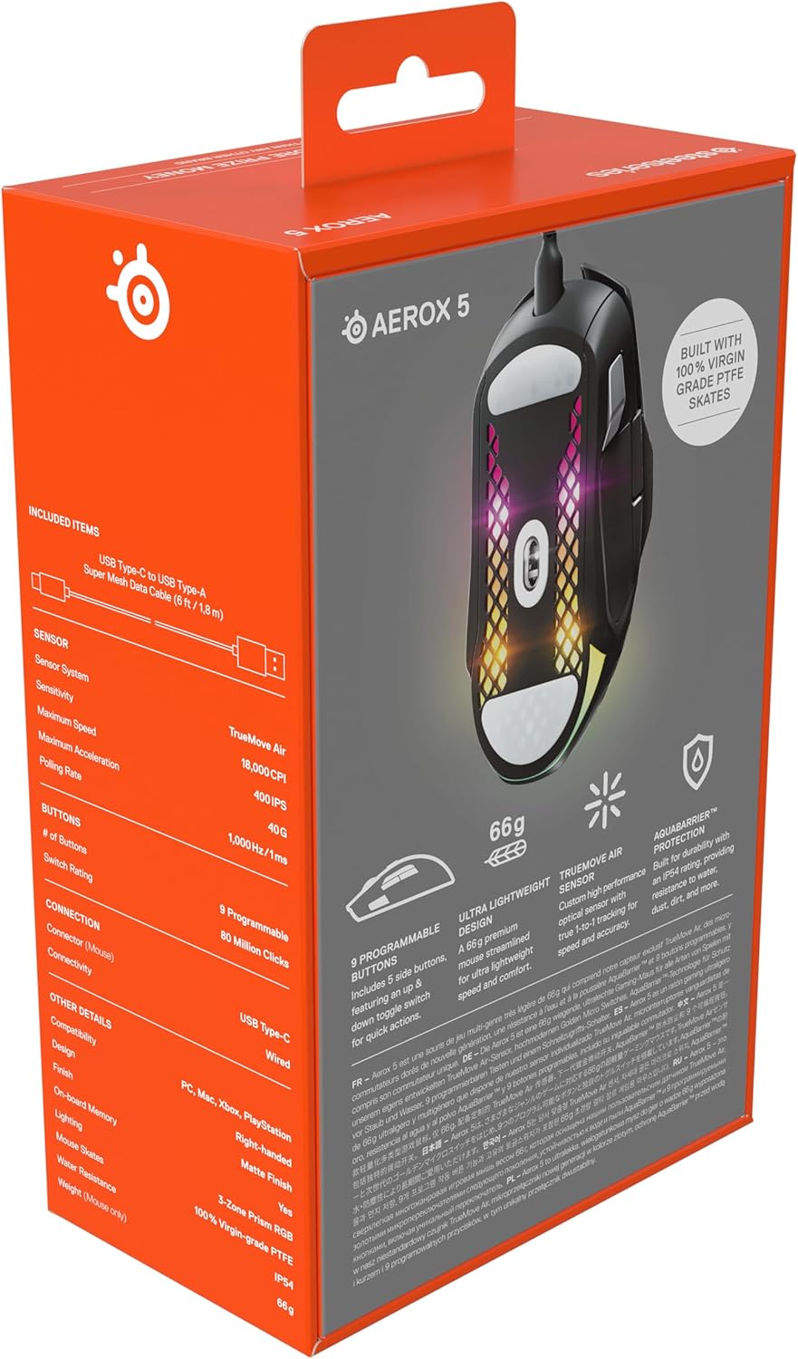 SteelSeries Aerox 5 - Holey RGB Gaming Mouse - Ultra-lightweight Water Resistant Design - 18K DPI TrueMove Air Optical Sensor - Image 9