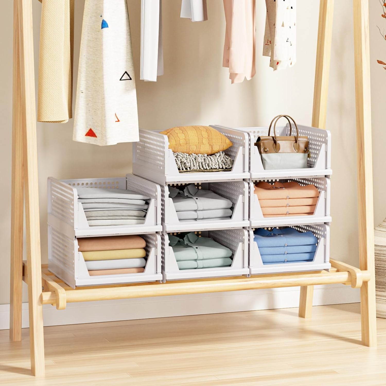 5 Pack Stackable Closet Storage Basket - Stackable Storage Bins, Multifunctional & Foldable Closet Organizer Waterproof, Wardrobe Cupboard Space-Saving Hat Storage Drawer Organizer, White - Image 5
