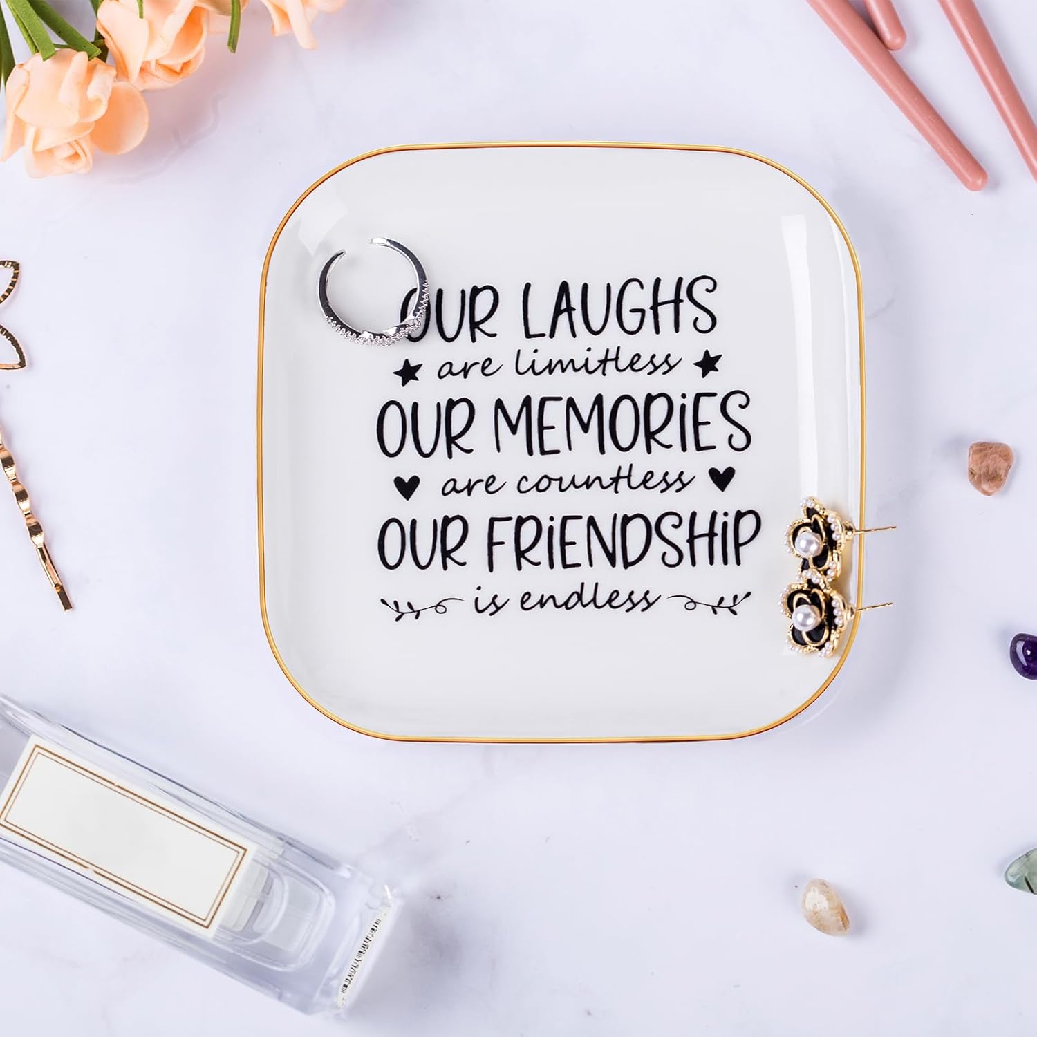 Piudee Friendship Gifts for Women Best Friend Jewelry Dish, Our Laughs are Limitless, Our Memories are Countless, Our Friendship is Endless Unique Gifts for Women, Female Friend Birthday Christmas - Image 4