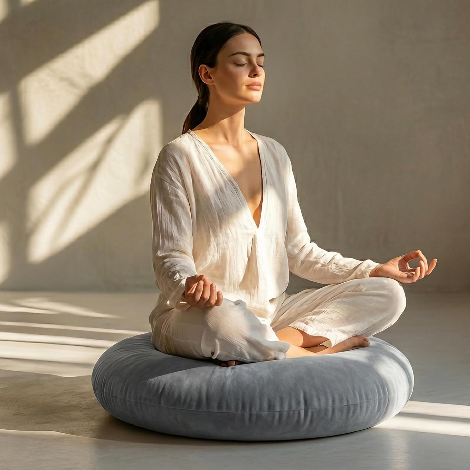 Codi Large Meditation Cushions – Round Floor Pillows for Adults with Removable Washable Cover, Soft and Supportive Floor Cushion for Yoga, Seating and Dog Bed, 32 inch - Grey - Image 6