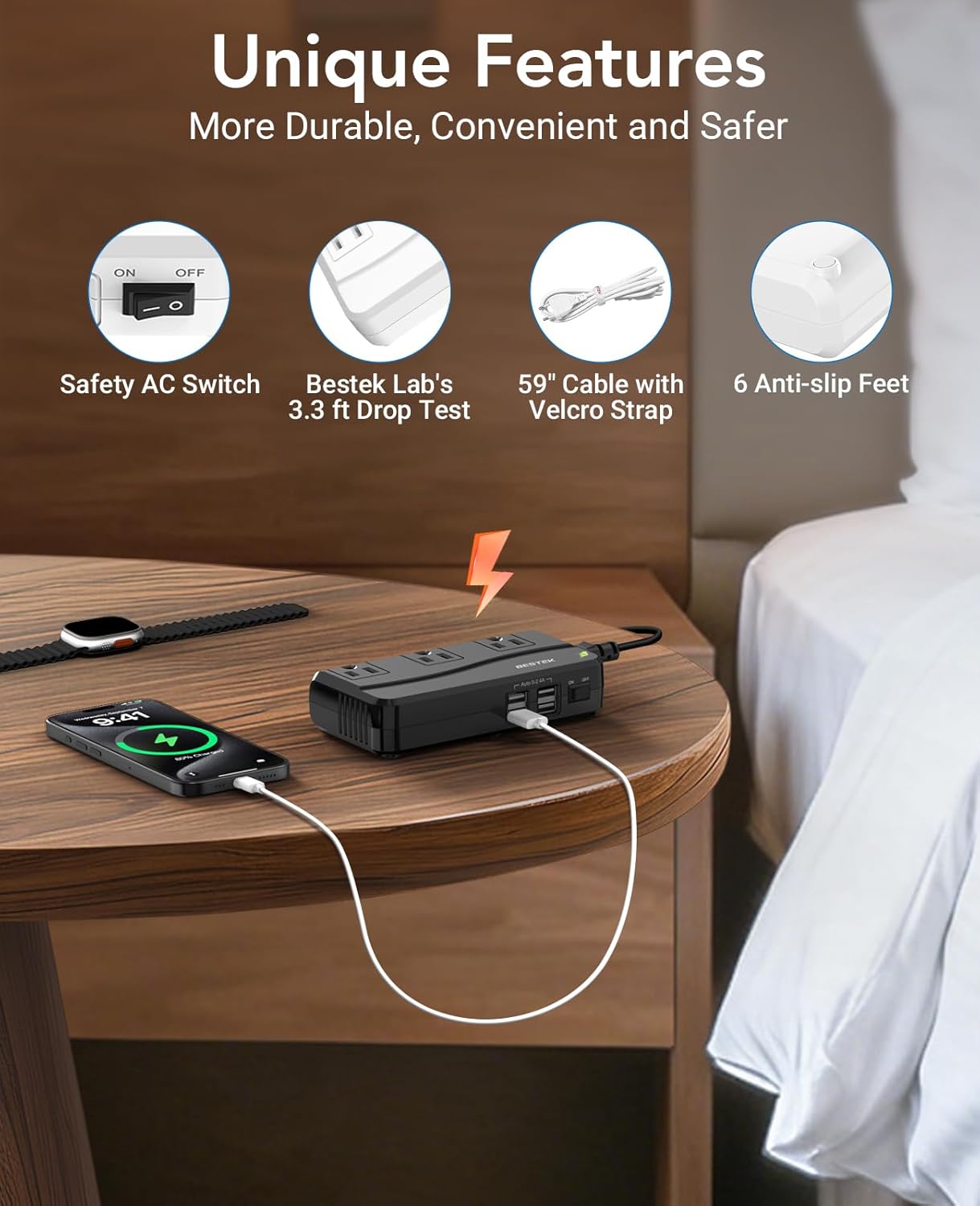 BESTEK Universal Travel Adapter 220V to 110V Voltage Converter with 6A 4-Port USB Charging and UK/AU/US/EU Worldwide Plug Adapter (Black) - Image 4