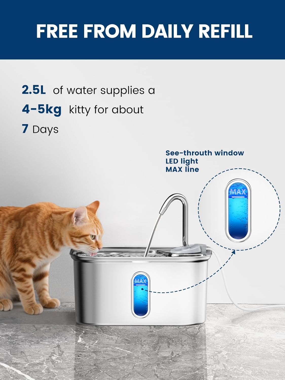 Cat Water Fountain Stainless Steel for Cats Indoor by BPA-Free SUS304, Effective 6-Layer Filter Cat Fountains for Drinking 2.5L 85oz 20dB Ultra Quiet Soft Flow Metal Pet Water Fountain - Image 6
