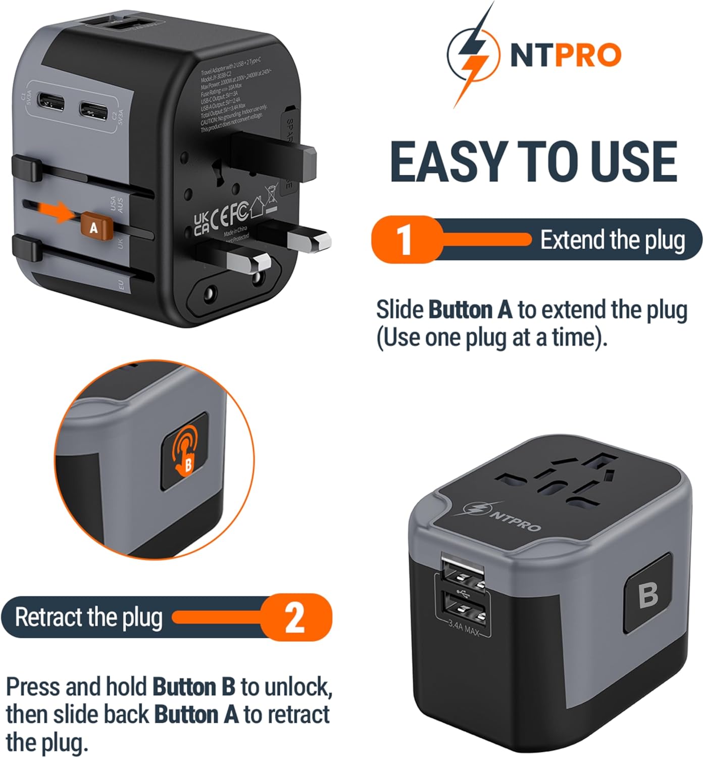 5 in 1 Universal Travel Adapter-10A | International Power Adapter with 2 USB C, 2 USB A Ports | 3.4A & 2400W Fast Portable Charger | Travel Adapter Worldwide Covering 200+ Countries- Black - Image 4