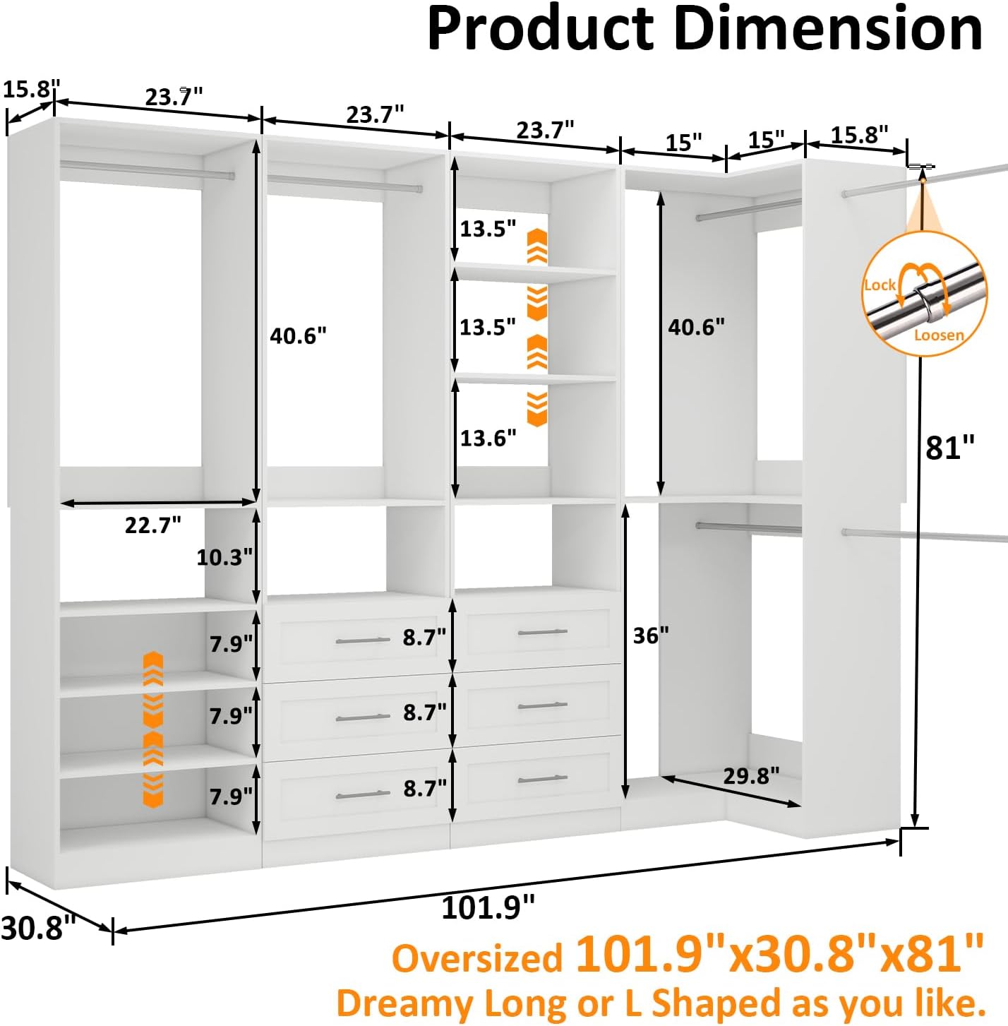 Vomavex Closet System with 4 sets, 101.9" Closet Organizer Systems with 6 Drawers & 8 Hanging Rods & Adjustable Shelves, Walk in Closet Standing Closet System, Corner Closet System Set, White - Image 3