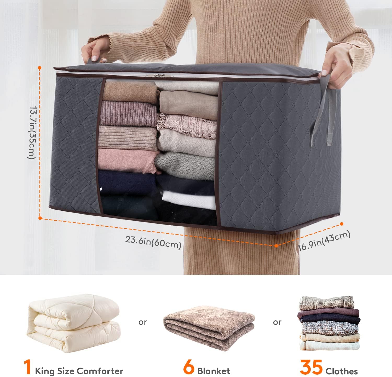 Lifewit 3 Pack 90L Clothes Storage Bins with Lids, Foldable Blanket Storage Bags with Zippers, Clear Window and Reinforced Handles, Closet and Organization for Clothing, Sweater, Comforter, Bedding - Image 2