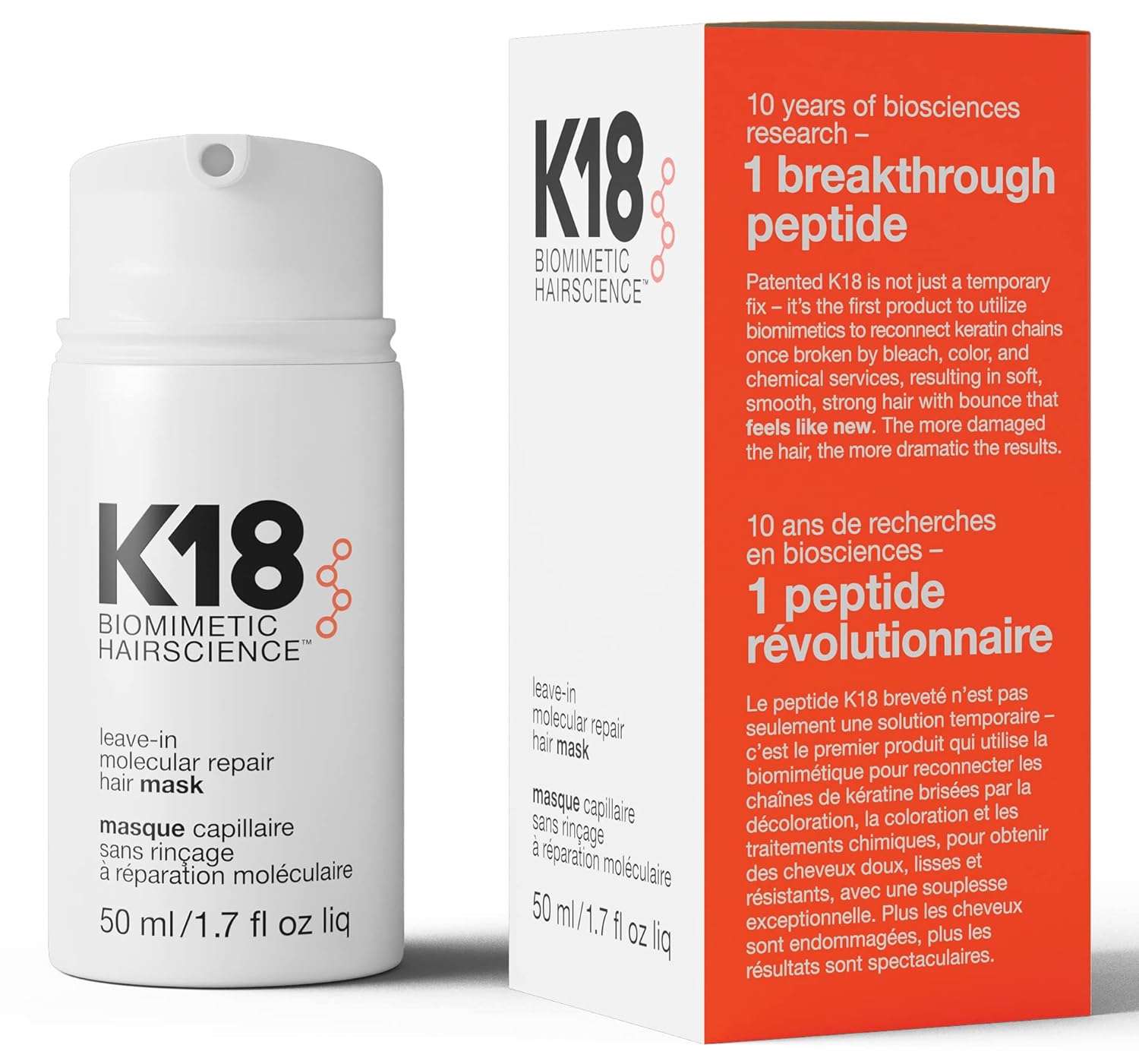 K18 Leave-In Molecular Repair Hair Mask, Patented, Lasting Repair For Dry, Frizzy, Damaged Hair, Reverse Damage In 4 Minutes From Bleach, Color, Chemical Services + Heat
