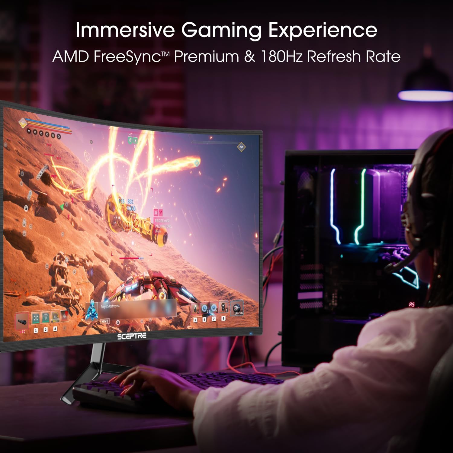 Sceptre New 24-inch Curved Gaming Monitor 1080p up to 180+Hz DisplayPort HDMI 100% sRGB, AMD FreeSync Build-in Speakers Machine Black 2026 (C248B-FWT168 Series) - Image 6