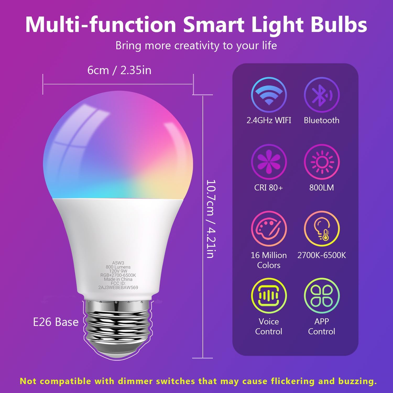 DAYBETTER Smart Light Bulbs, RGBCW Color Changing Smart Bulb Compatible with Alexa & Google Home,Preset Scene, Music Sync, A19 E26 2.4G WiFi Bluetooth Dimmable LED Bulbs, 60W Equivalent, 800LM, 6 Pack - Image 4