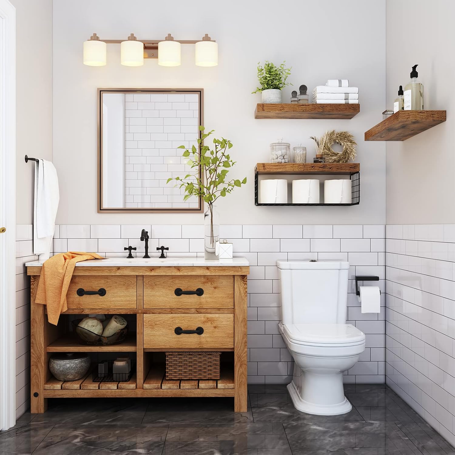 QEEIG Bathroom Shelves Over Toilet - Wall Mounted Floating Shelves Toilet Paper Storage Small Farmhouse Decor Shelf 16 inch Set of 3, Rustic Brown (019-BN3) - Image 2
