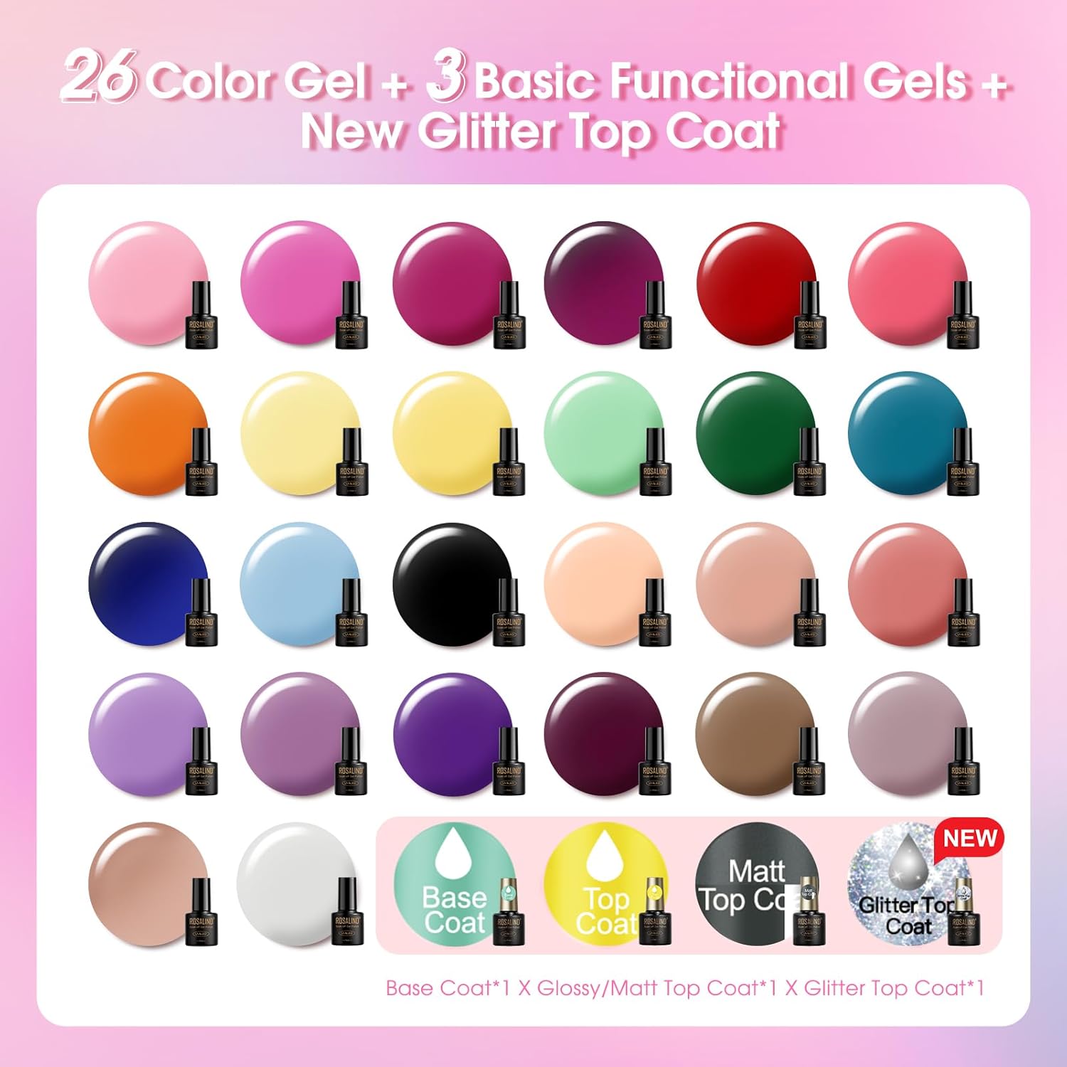 ROSALIND 30pcs Gel Nail Polish Set, 26 Colors Gel Polish with 3Pcs Glossy Matte Glitter Top Coat and Base Coat All Seasons Nude Blue Red Gel Nails art Kit DIY Salon at Home - Image 3