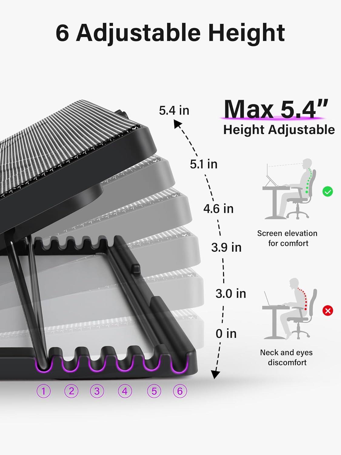 Kootek Laptop Cooling Pad, Laptop Cooler with 5 Quiet Fans for 12"-17" Computer PC Notebook Gaming Laptop Fan, Height Adjustable Laptop Cooling Stand Laptop Accessories (Purple) - Image 3