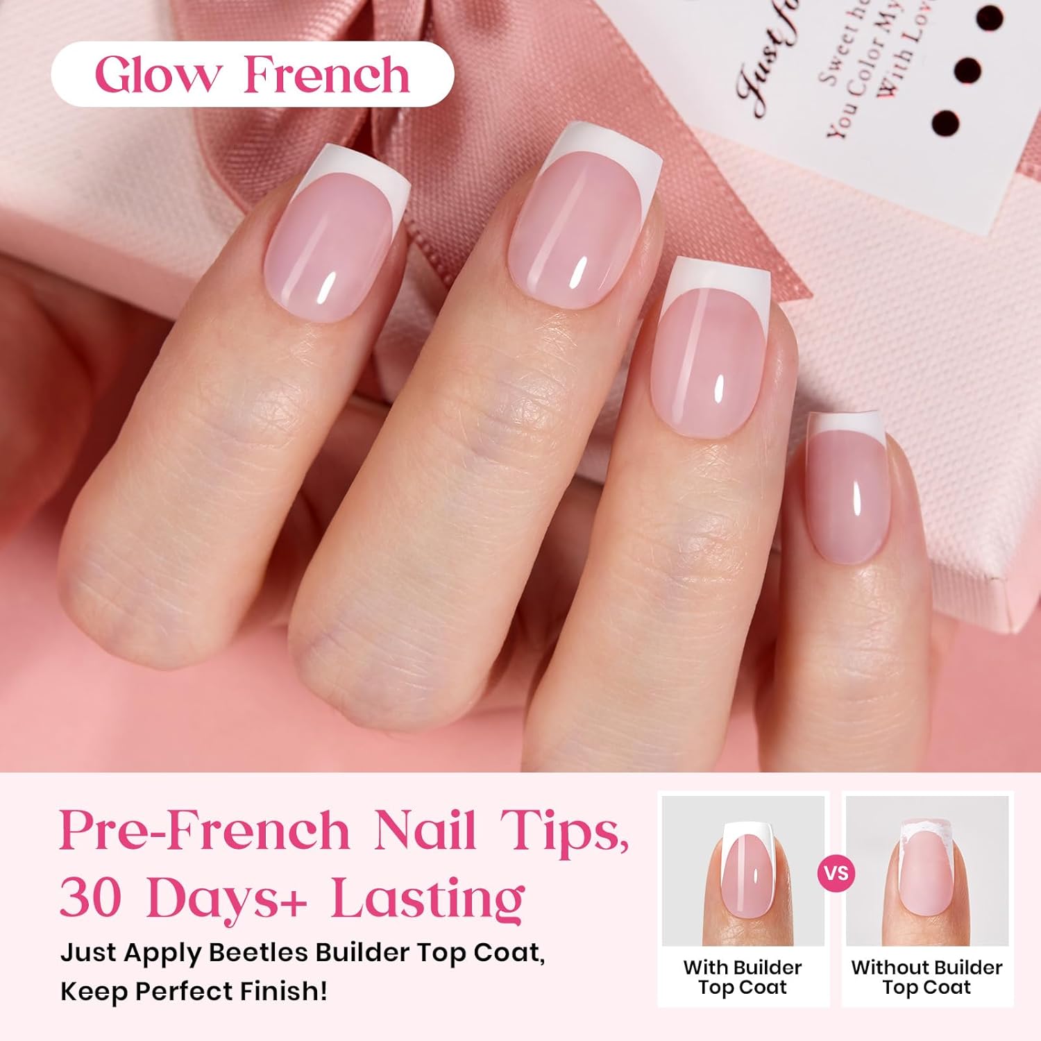 Beetles Press On Nails Kit - 300Pcs Short Square French Tip Press On Nails, 15Sizes Pink French Nail Tips with Nail Glue & Remover, Builder Top Coat Nail, Lamp,All-in-One DIY Spring Gift for Women - Image 3