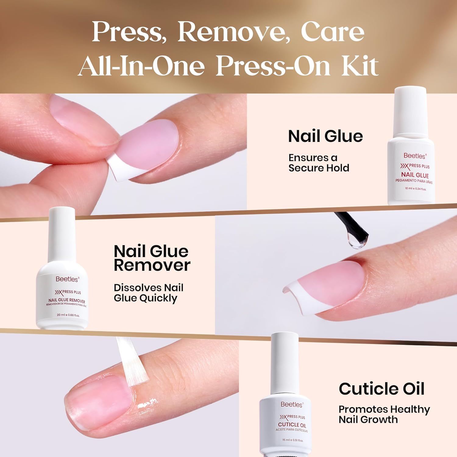 Beetles Press On Nails Kit-Mocca Mousse French | 7 Colors Short Square French Tip Press On Nails | 224Pcs 16 Sizes All-in-One Kit Nails With Nail Glue,Remover,Builder Top Coat,Nail Lamp - Image 2