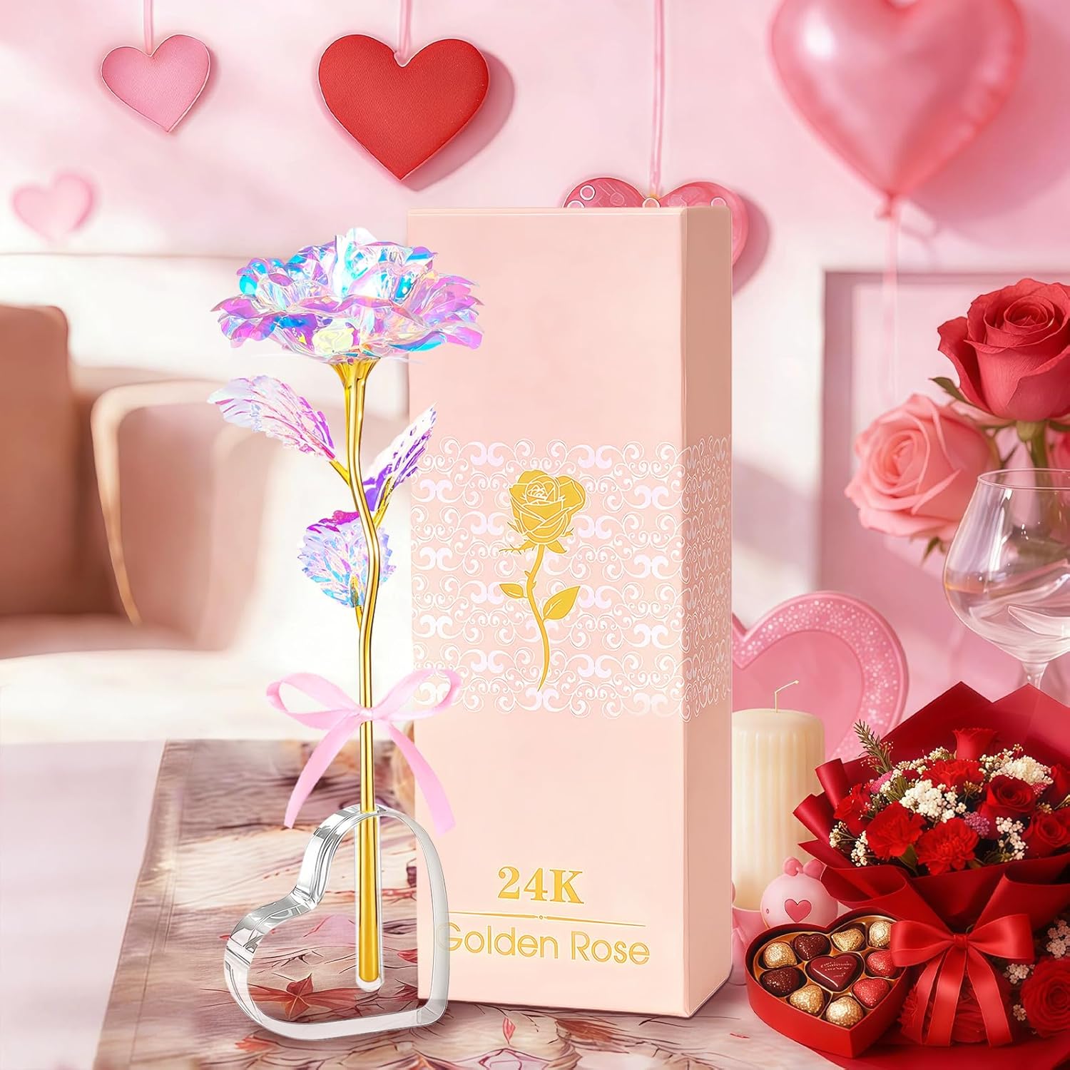 Mothers Day Mom Gifts for Women Grandma, Artificial Forever Birthday Flowers Galaxy Glass Eternal Roses with Heart Shaped Crystal Vase, Mother's Day Anniversary Wedding Rose Gifts for Wife Sister - Image 7