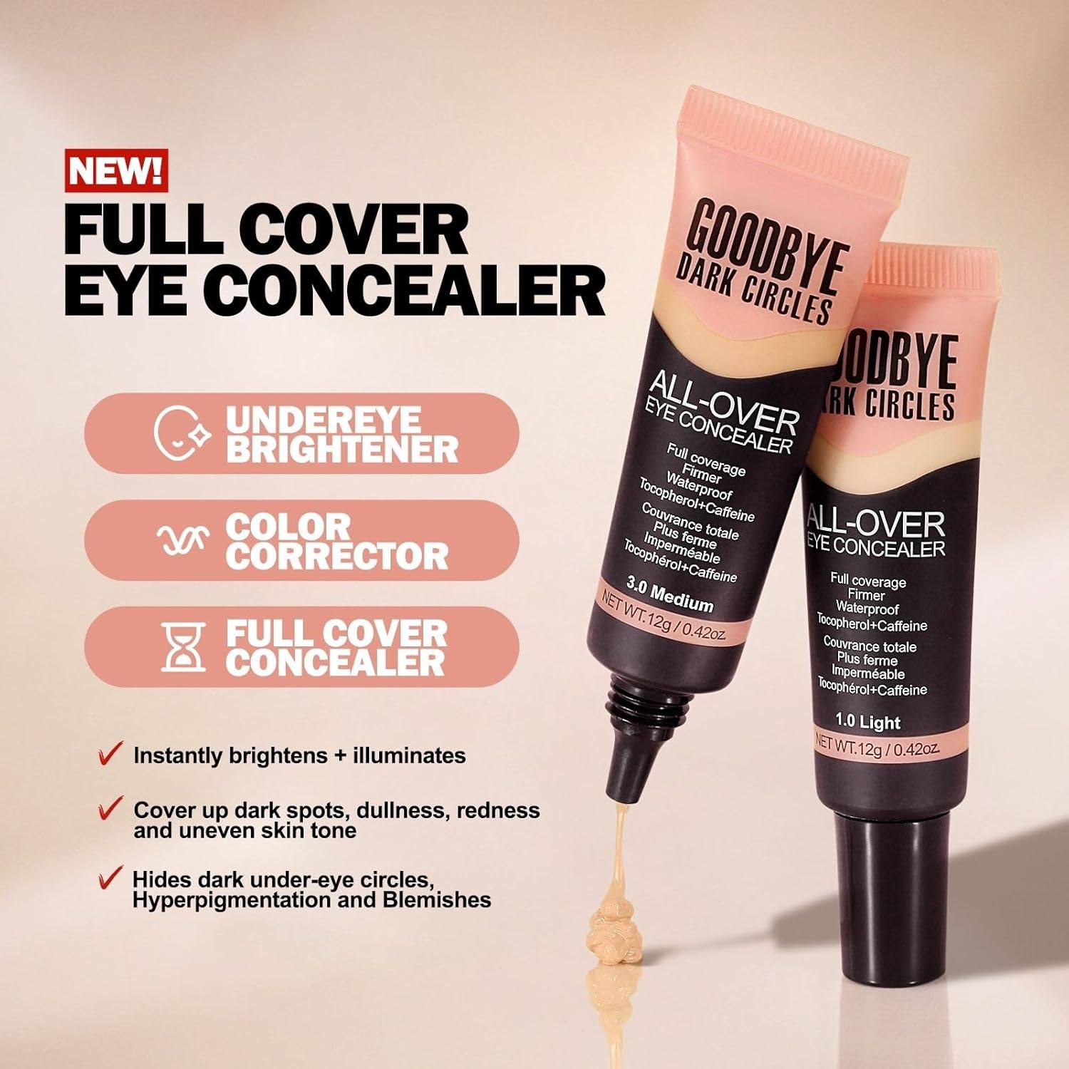 Liquid Concealer, Under Eye Full Coverage Concealers for Dark Circles, Fine Lines, Redness,Waterproof, Firming,Color Correcting Long lasting Makeup Concealer for Women (01#Light) - Image 2